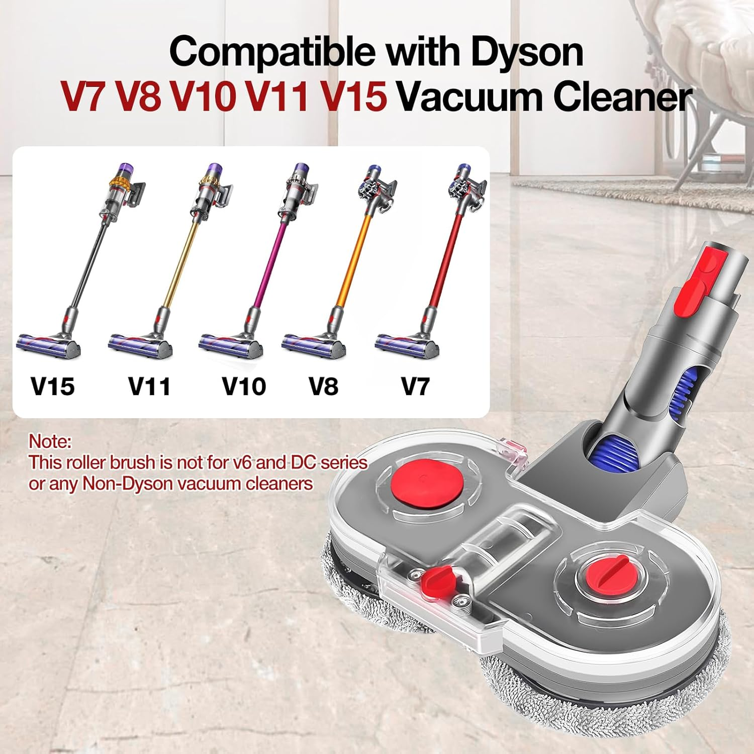 Electric Mop Head Attachment Compatible with Dyson V7 V8 V10 V11 V15 Vacuum Cleaner Motor Head for Cleaning Floor Vacuum Cleaner Accessories for Dyson Includes 6 PCS Washable Dry & Wet Mopping Pads