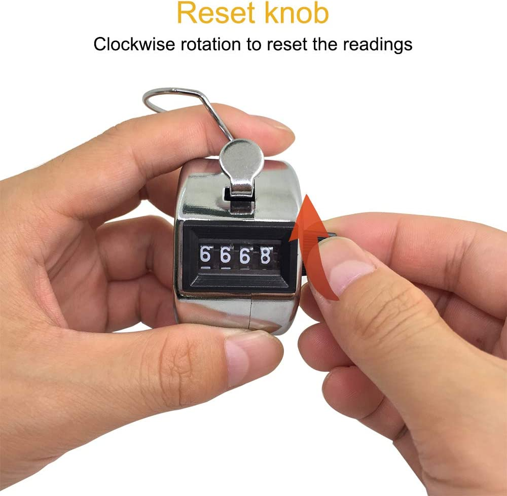 AFUNTA 4 PCS 4 Digit Hand Tally Counters Hand Held & 4 Lanyard, Mechanical Manual Clicker Number Lap Tracker with Metal Finger Ring Hoop Holder Fit Stadium Coach - Silver