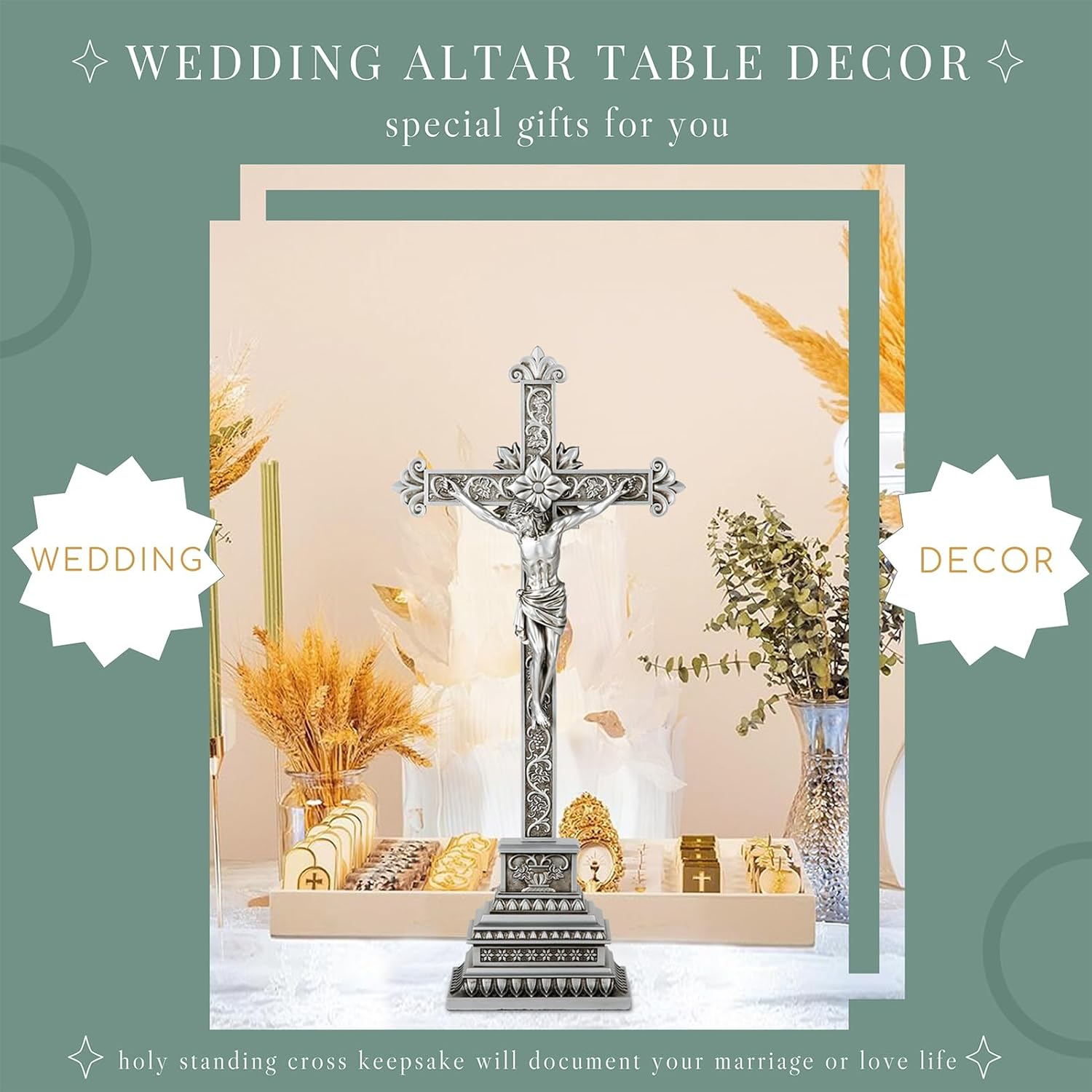 Standing Crucifix - 16 Inch Jesus Cross with Base for Home Table Decor, Silver Crucifix Standing Cross Catholic Wedding Altar Religious Gifts image number 6