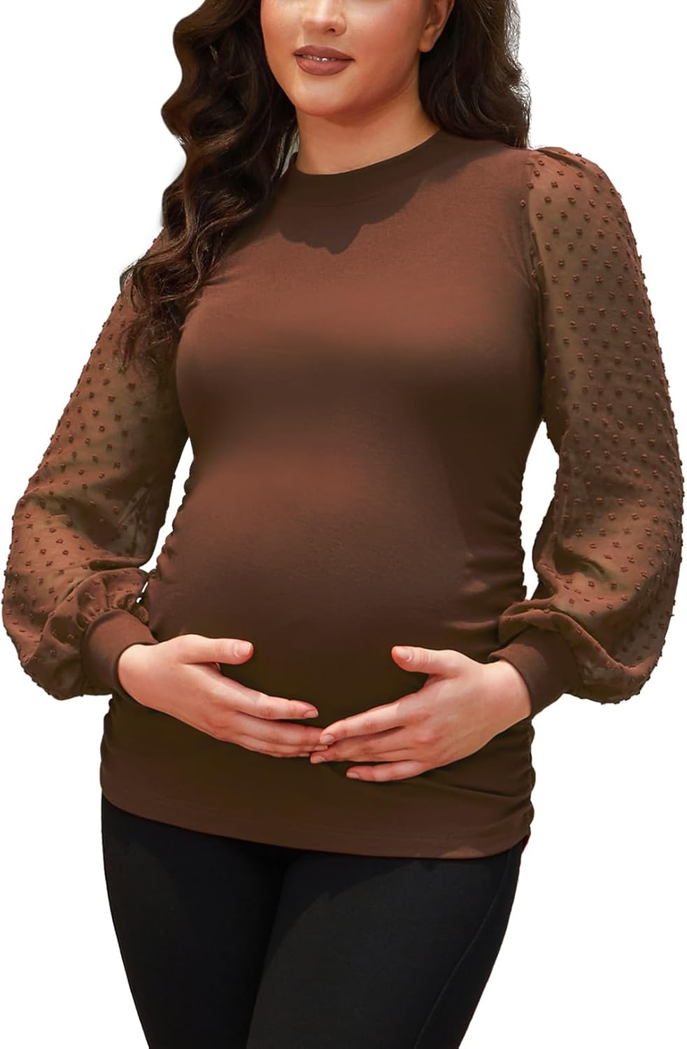 Bhome Mock Neck Maternity Shirt Ribbed Knit Maternity Blouse Mesh Long Sleeve Fitted Pregnant Top