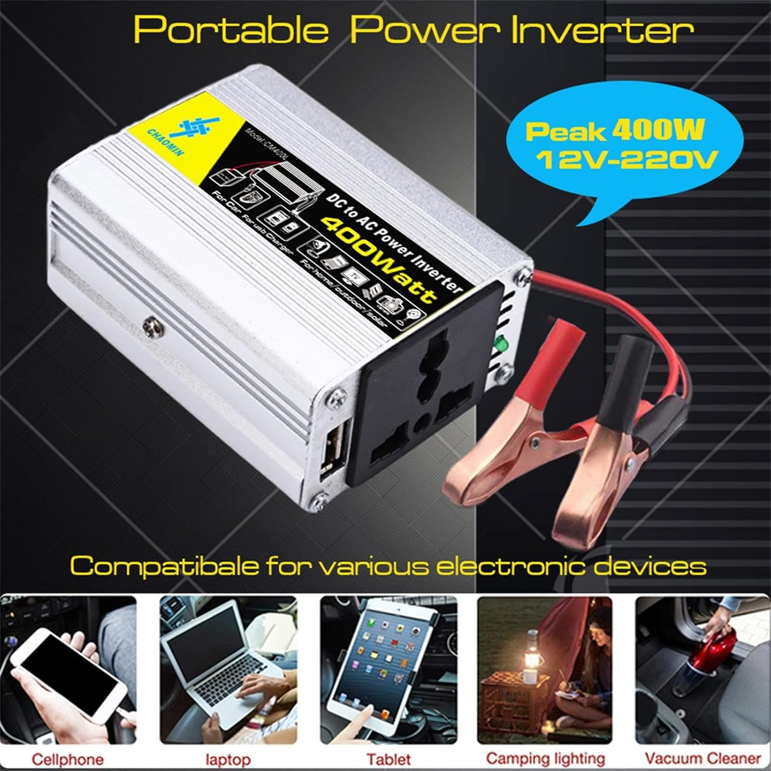 Inverter Pure Sine Waves - 400W Power Inverter, 12V Dc to 220V Ac Car Converter | Solar Inverter with 2 Battery Clips, Battery Clips for Car Truck Home Vehicles Rv Camping off Grid image number 4