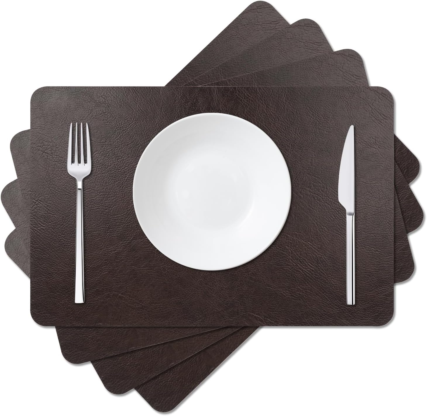Cowhide Pattern Faux Leather Placemats Set of 6,Heat Resistant Non-Slip Waterproof Wipeable Washable Kitchen Dining PU Table Place Mats,Double-Sides Available,Dark Coffee