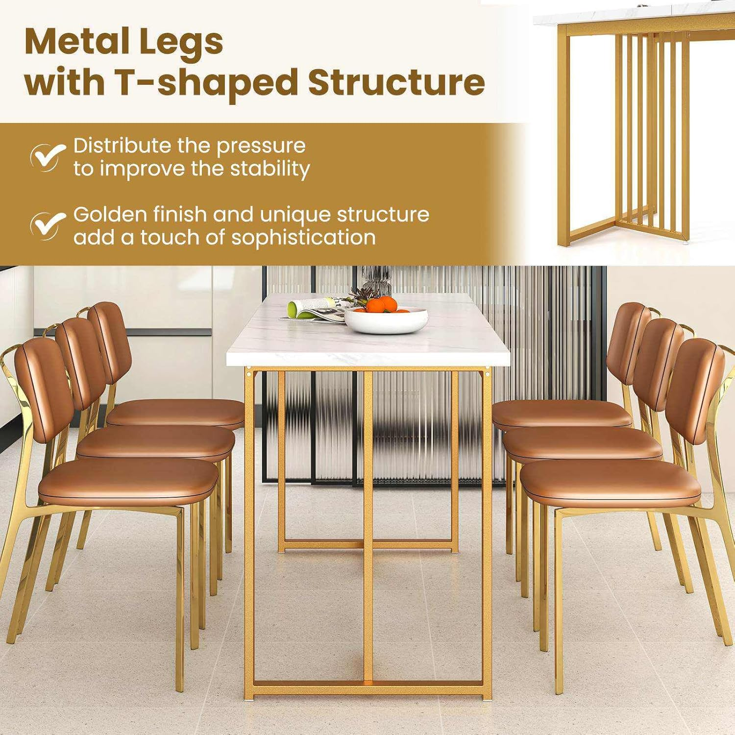 Giantex 160CM Modern Dining Table for 6-8 People, Rectangular Kitchen Table W/Faux Marble Tabletop, Metal Legs, Large Dinette Table for Dining Room, Living Room, Restaurant, Gold & White image number 3