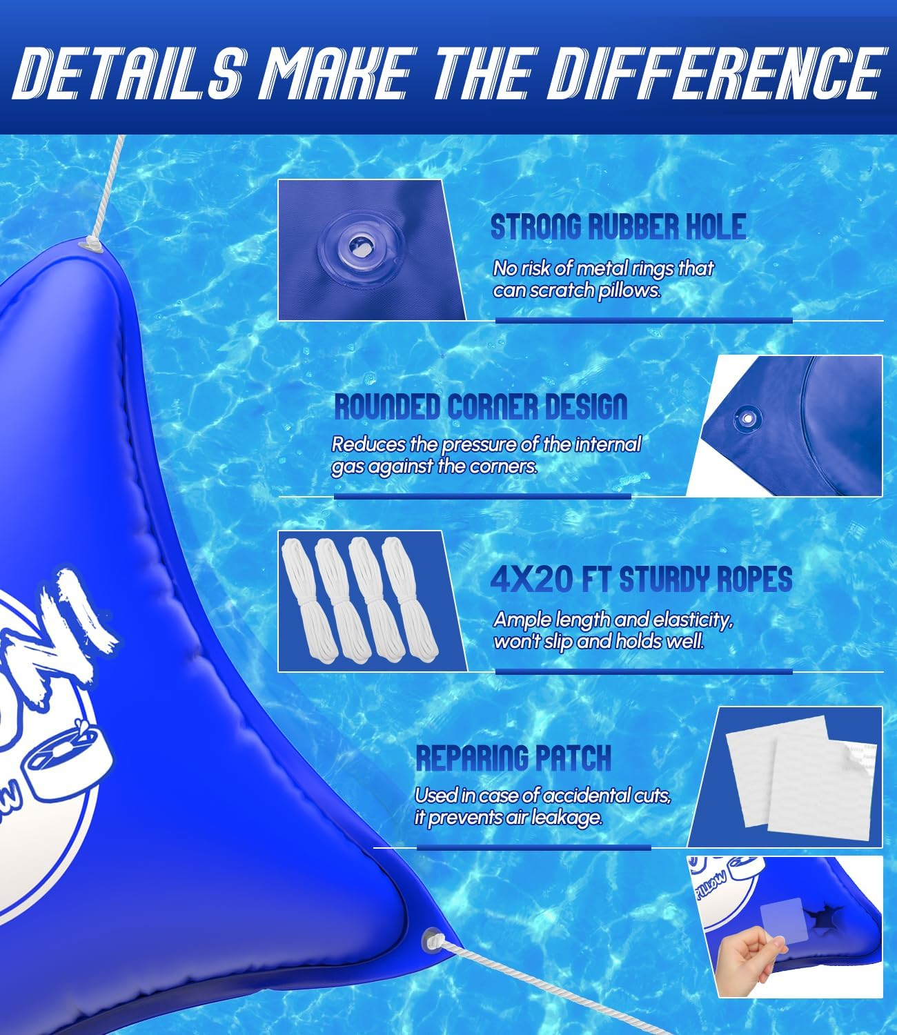 4&rsquo;X4&rsquo; Heavy-Duty Pool Pillow with 4X20Ft Ropes - 0.4Mm Thick PVC Pool Pillows for Winter with Boston Dual-Inflation Valve, Cold-Resistant Pool Pillows for above Ground Pools, No Leakage