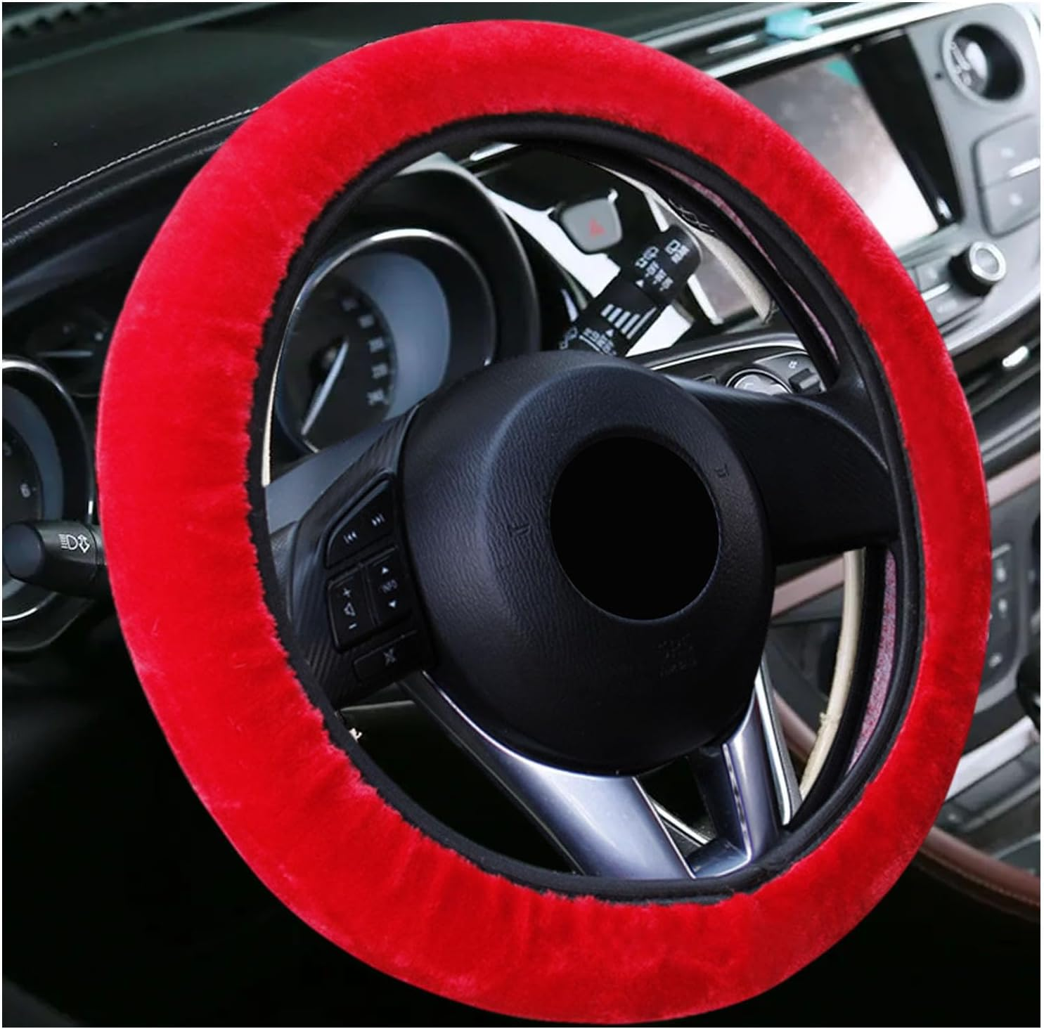 Kewucn Fuzzy Car Steering Wheel Cover, 15 Inch Elastic Soft Steering Wheel Protector, Anti-Slip Fluffy Car Wheel Covers, Universal Vehicle Warm Winter Accessories for Car SUV Truck (Black) - Black image number 4