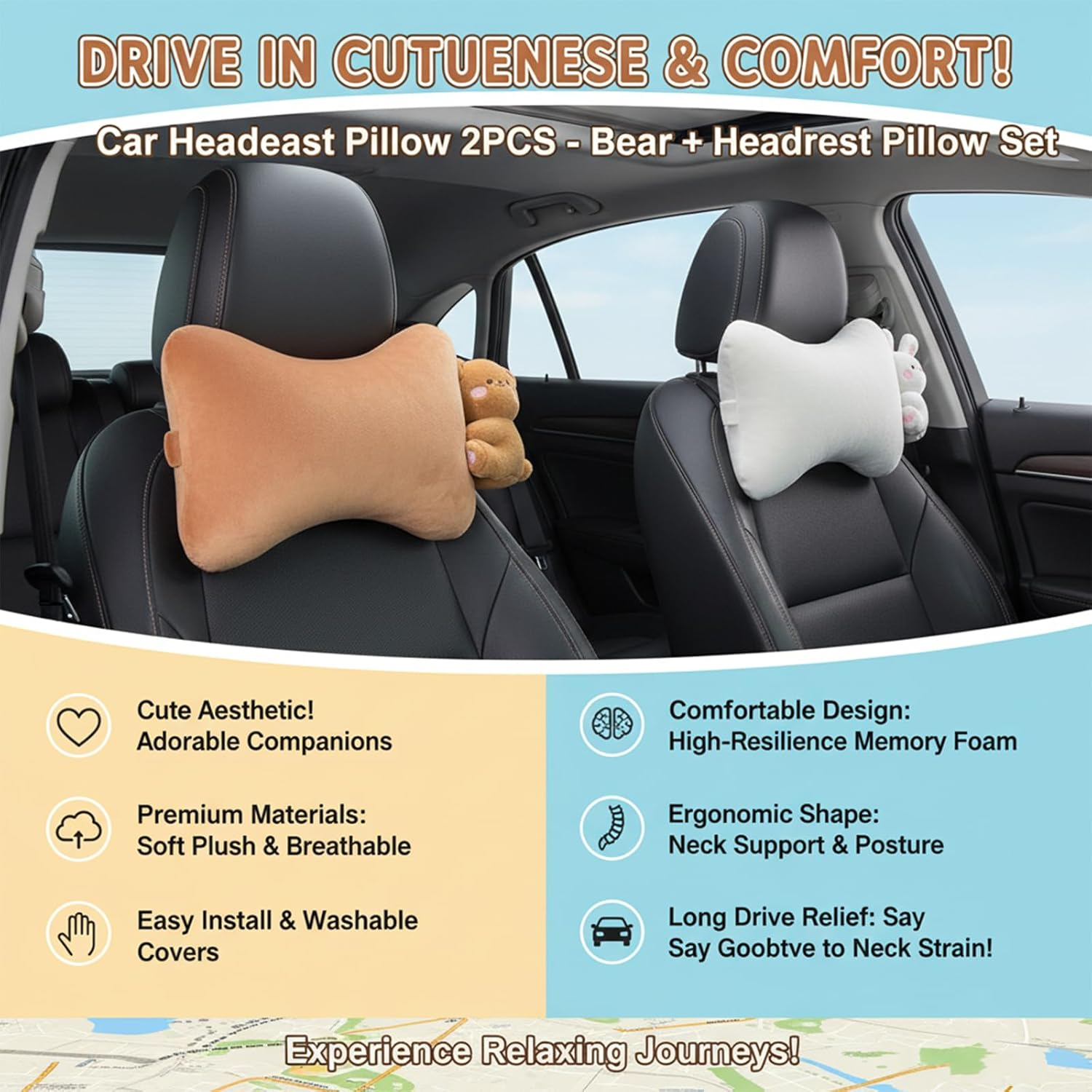 Car Headrest Pillow 2PCS Plush Bear ＆ Bunny Car Seat Headrest Pillow - Memory Foam Neck Support Cushions for Comfortable Driving, Easy Install & Washable (Bear+Rabbit) image number 3
