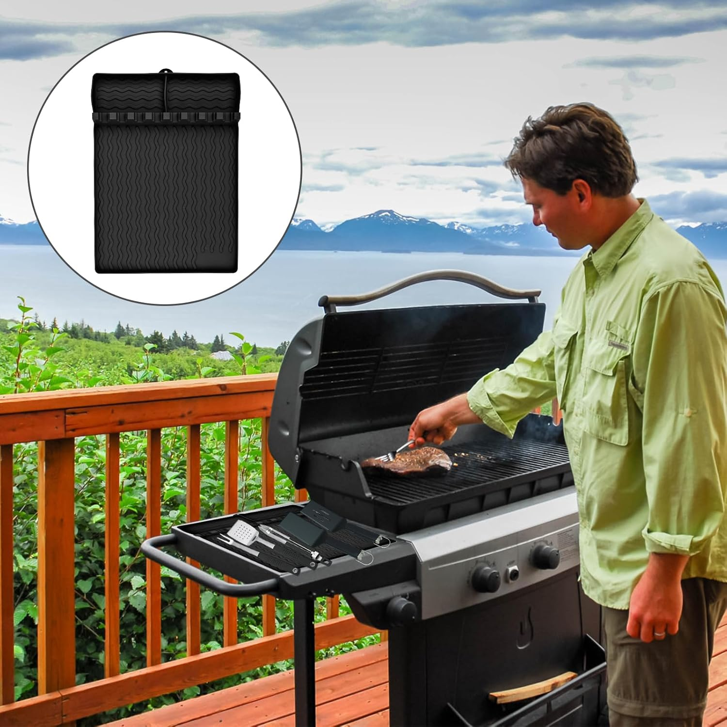 PEUTIER Silicone Griddle Tools Mat, Spatula Mat Griddle for Blackstone, Grill Utensil Resting Pad with 8 Slots Heat Resistant Grill Side Shelf Mat Holder for Kitchen Cooking Countertop (Black) - Black image number 5