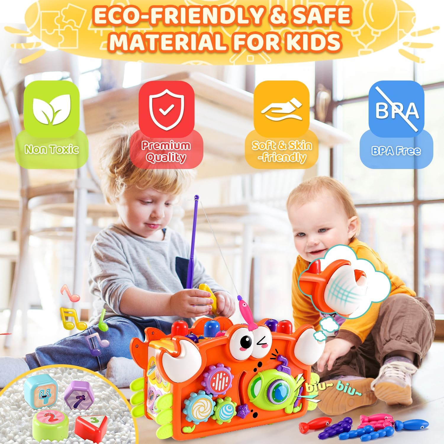 15 in 1 Crab Activity Cube Toy, Hammering Pounding Toys with Music Lights, Montessori Educational Learning Toys for 3 Years Old Girl Birthday (Orange) image number 2