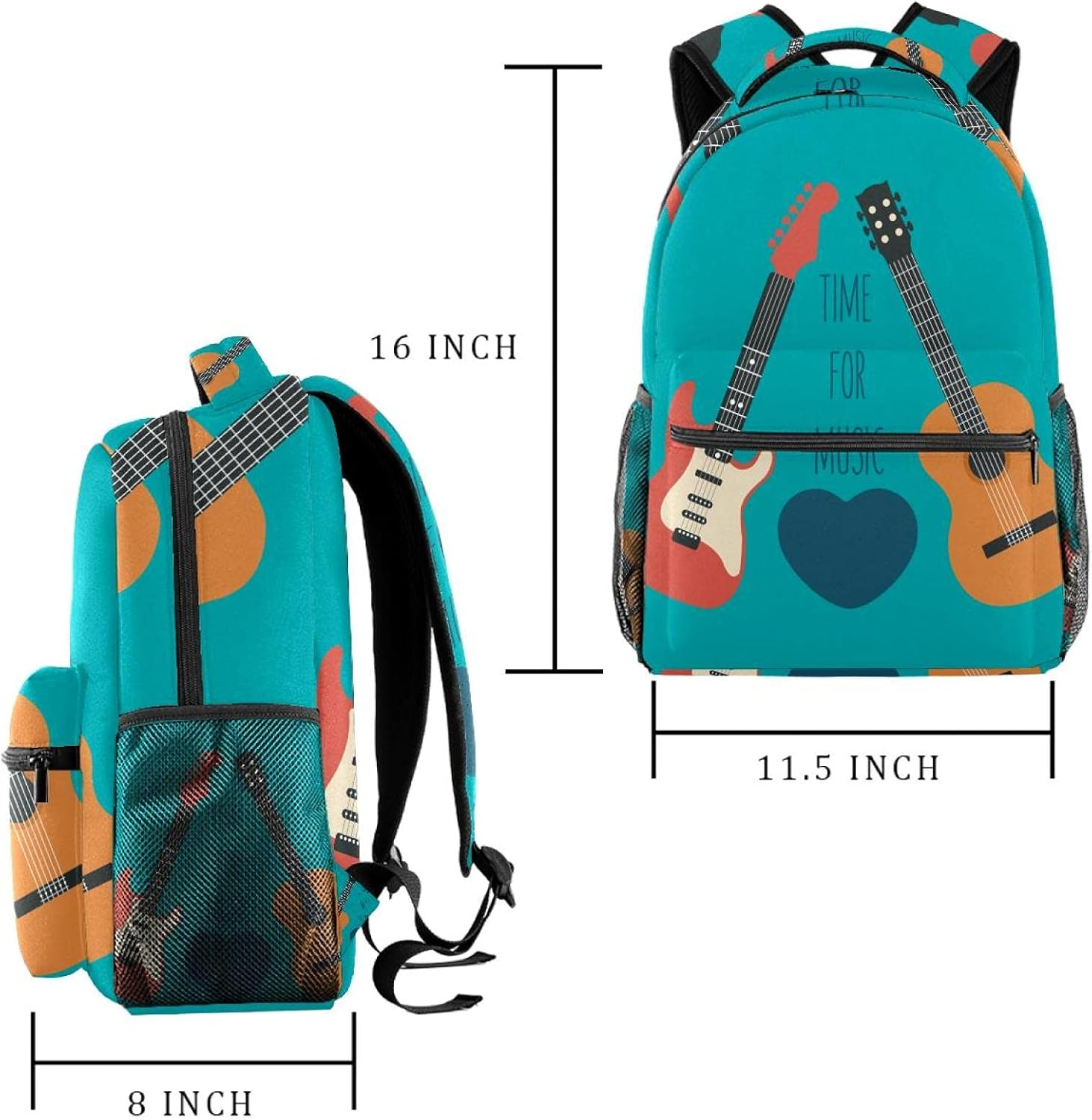 Electric Guitars and Red Love Heart Backpack Students Shoulder Bags Travel Bag College School Tote Backpacks image number 5
