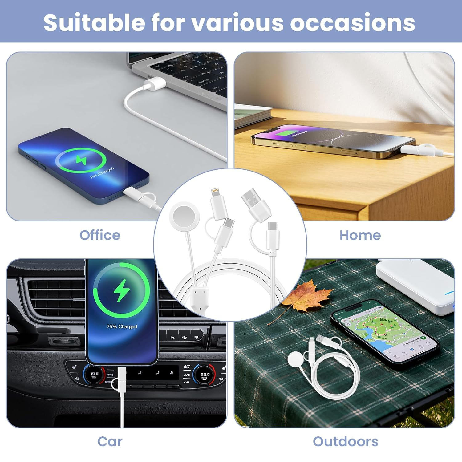 Nocelyn for 3 in 1 Apple Watch Charger, Fast Iwatch Charger for Iwatch Ultra/Se/10-1, Fast Multi Charging Cable to USB C/USB-A for Iphone & Android Phones image number 5