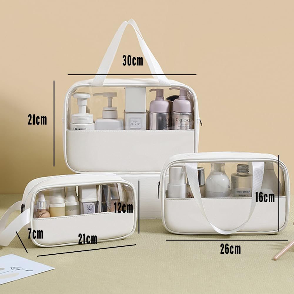 AIMALL 3 PCS PVC Translucent Makeup Bag Set with Reinforced Stitching - Durable - Available in White, Blue, Pink, Black, Yellow - Pink image number 3