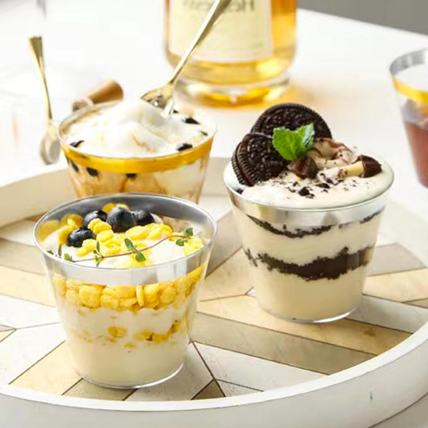 100 Pcs Plastic Cups,Reusable Drinking Cups with Silver Trim,270 Ml Elegant Party Wine Glasses Tumblers Shot Cups Party Cups Plastic for Home Decoration Party Wedding Birthday Camping(9 OZ) image number 3