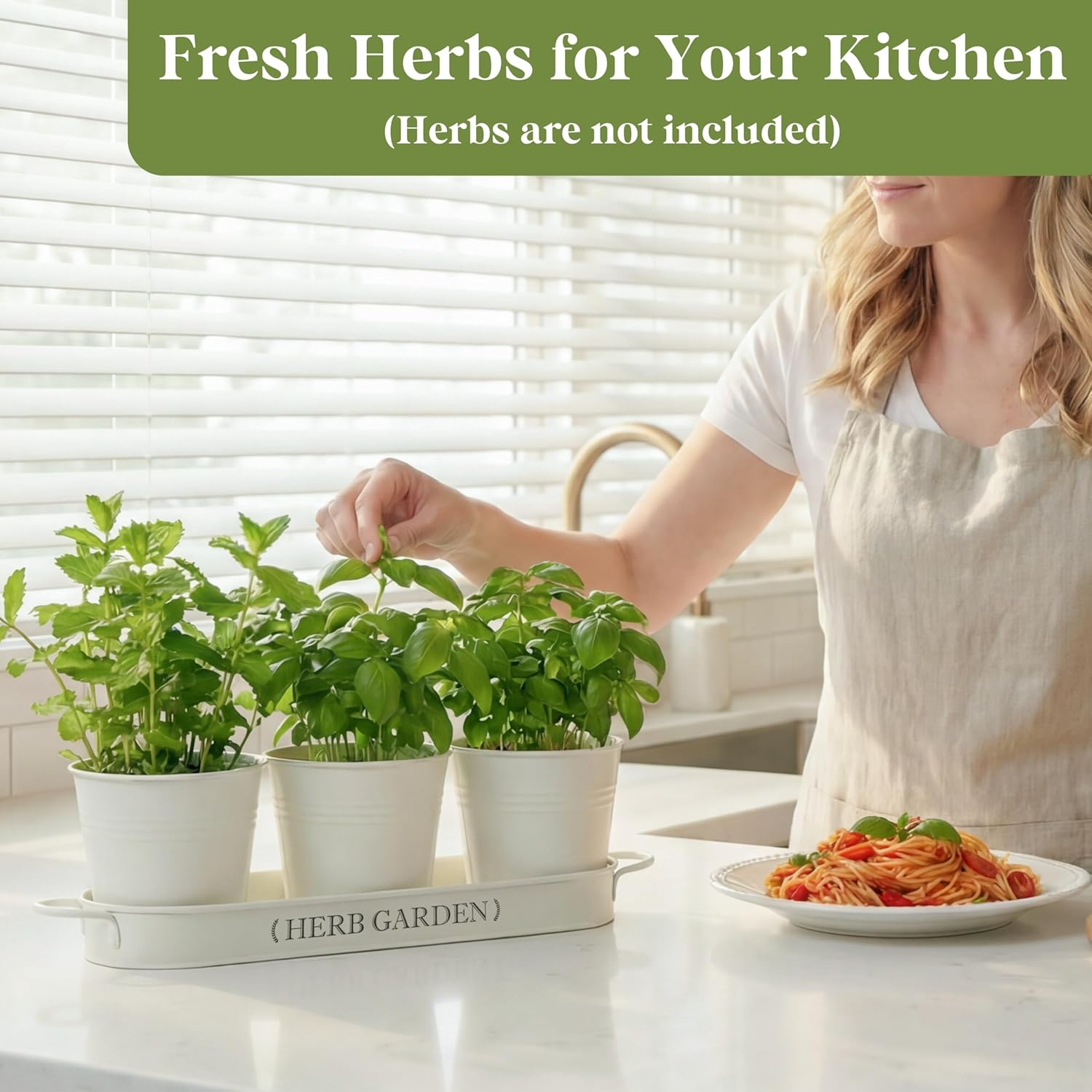 PERFNIQUE Indoor Herb Garden, Herb Garden Planter for Indoor/Outdoor, Farmhouse Plant Pots, Windowsill Herb Garden Kit with Tray, Window Pots for Indoor Plants (Off White) - Matte Black image number 2