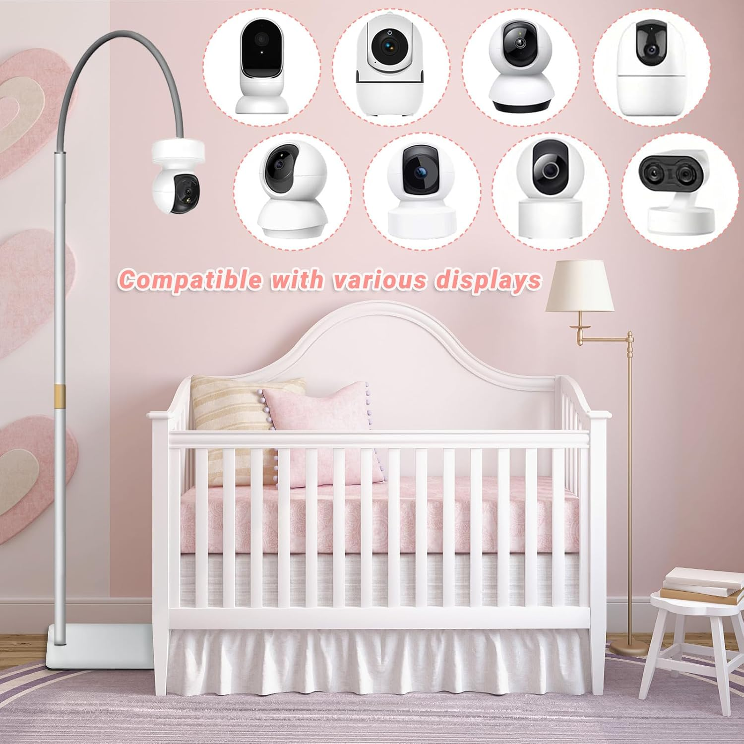 Baby Monitor Floor Stand Holder Compatible with Infant Optics DXR-8 Pro, Motorola, VAVA, Owlet, Arlo & Others with 1/4" Screw Mount, Adjustable Height Stand Holder, Universal & Fixed Safety Mount image number 4