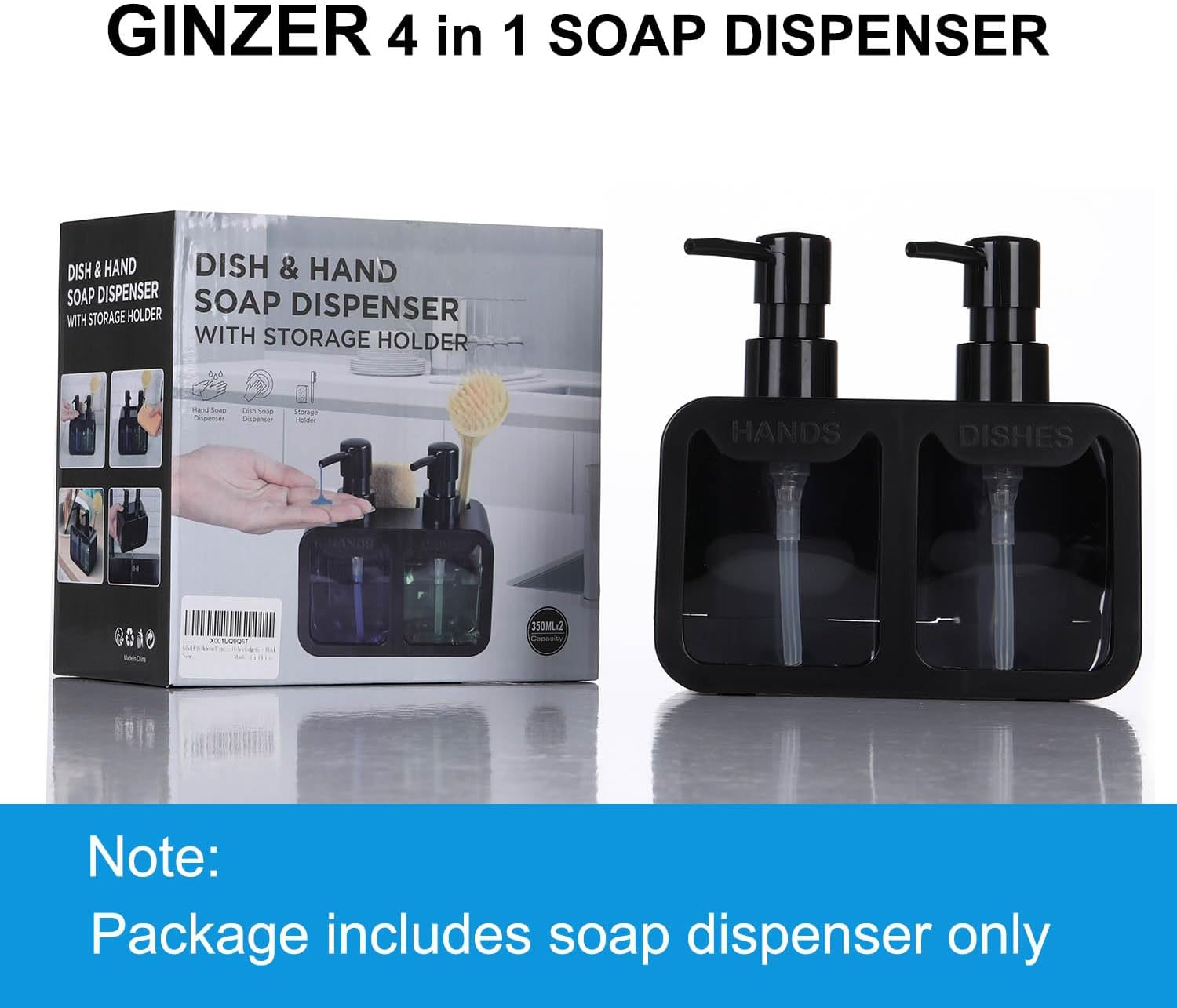 Dish Soap Dispenser for Kitchen Countertop with Sponge Caddy and Brush Holder - Refillable Non-Slip Dual Pump 4-In-1 Dispenser Soap Dispenser for Kitchen Sink, Essential Kitchen Gadgets &ndash; Black image number 4