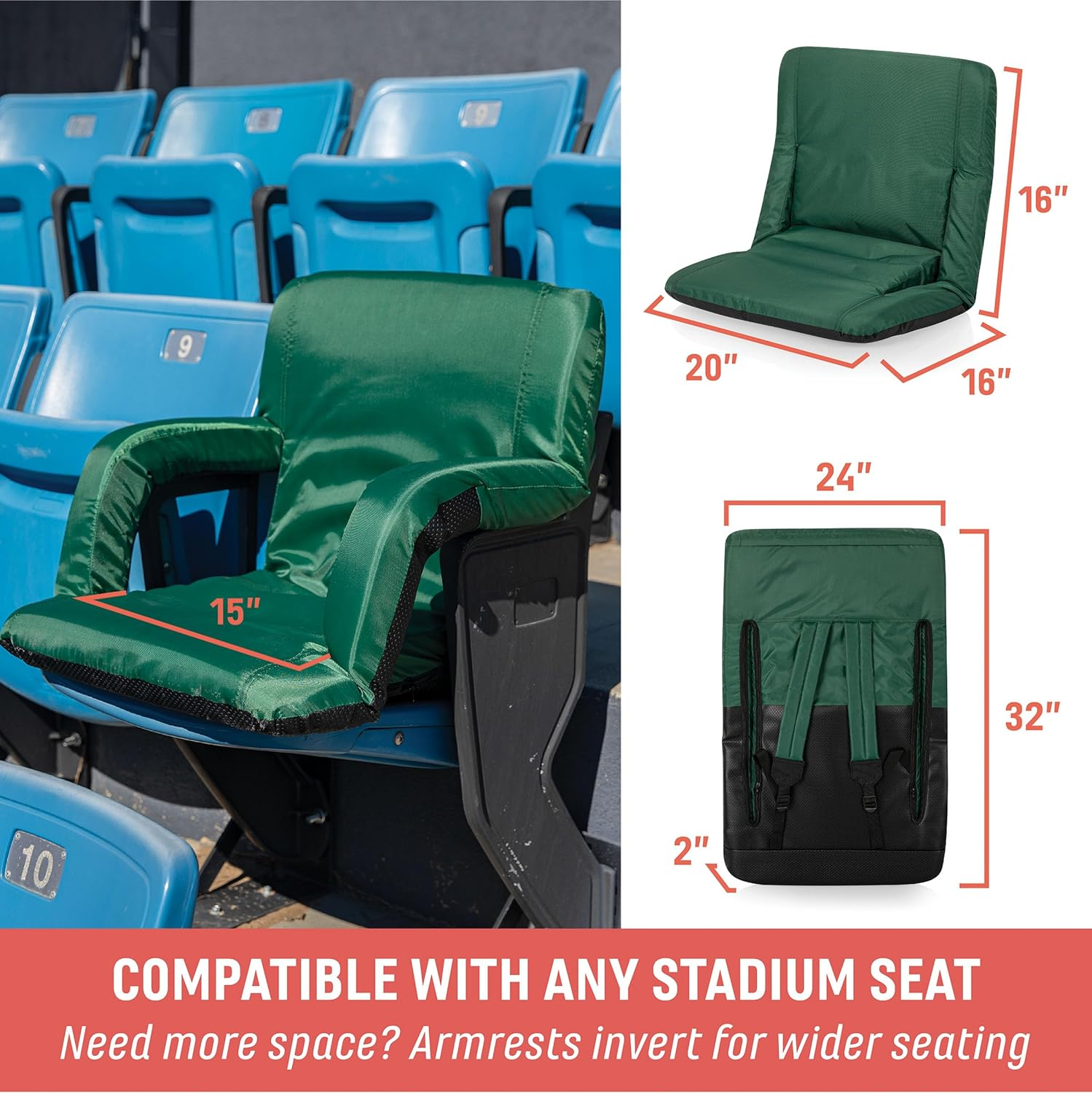 ONIVA - a Picnic Time Brand - Ventura Reclining Stadium Seat with Back Support, Bleacher Seat - Hunter Green image number 2