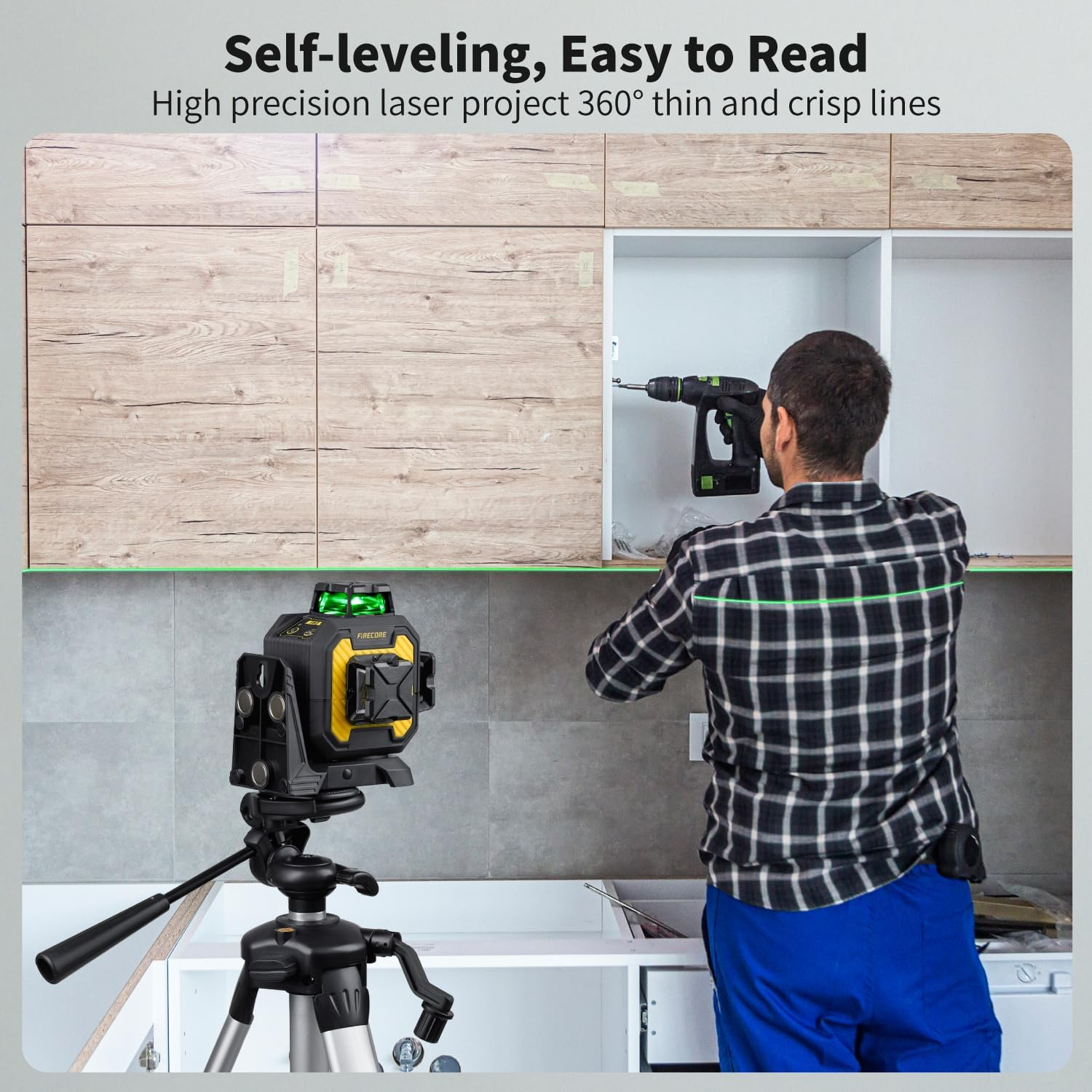 Firecore Laser Level 360 Self Leveling with Receiver, &plusmn;2Mm High Accuracy, Outdoor Pulse Mode to 60M, Green Cross Line Lazer Leveler Tool for Construction, Rod Clamp and Hard Carrying Case Included image number 1