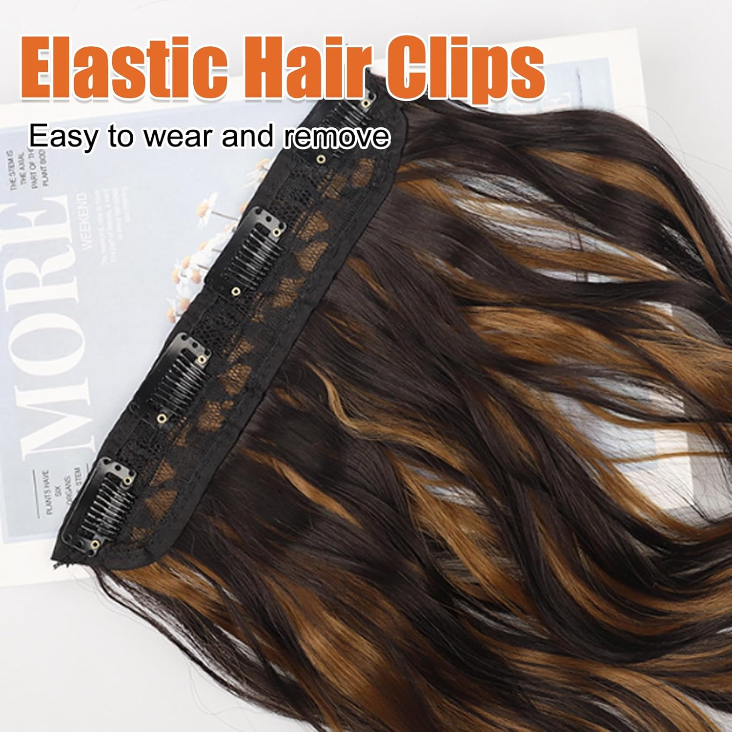 DKDDSSS Clip-In Extensions, 4 Pieces Brown Hair Extensions, Clip-In Hair Extensions, 55 Cm, Synthetic Hairpiece, Hair Extensions with Clips, for Women and Girls image number 6