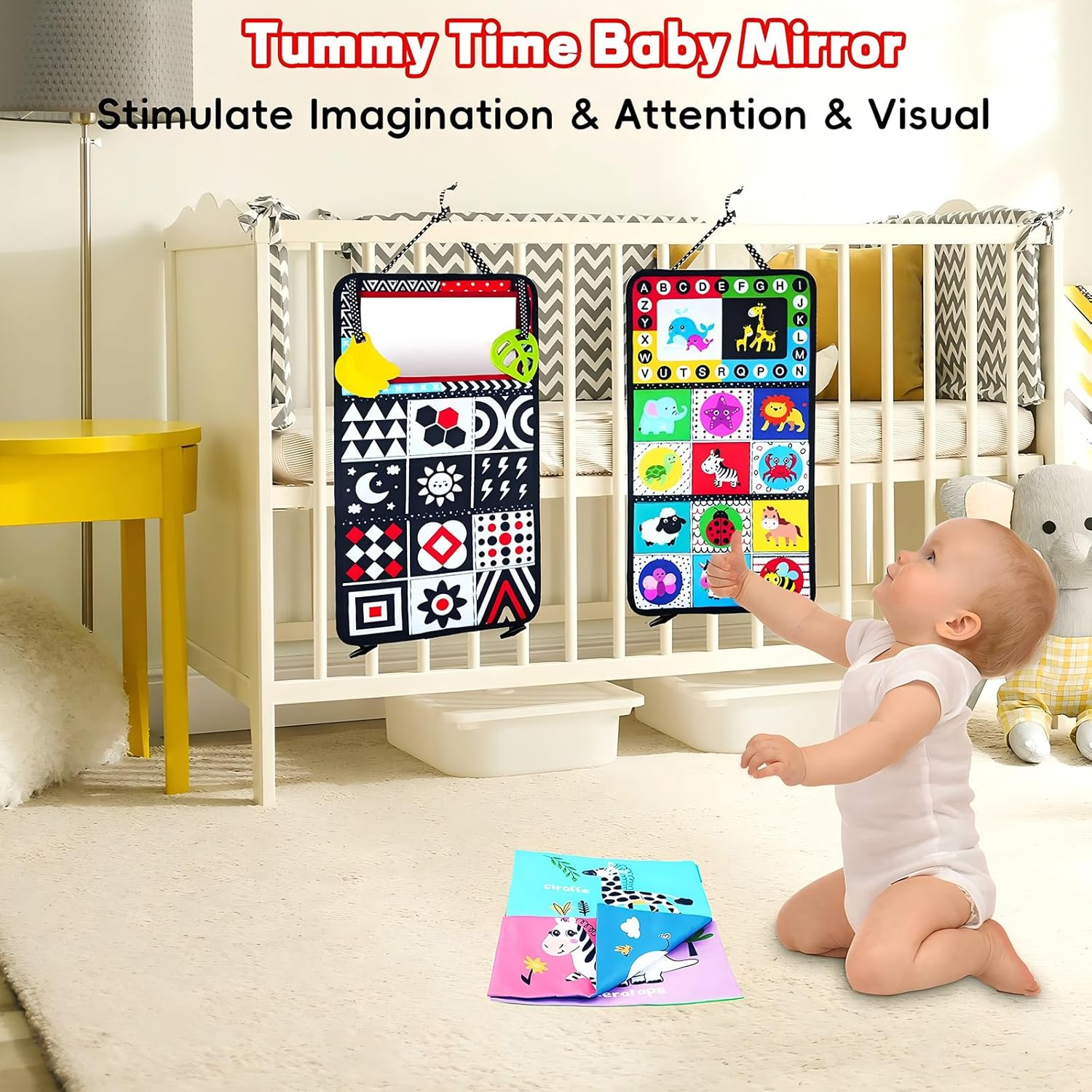 Tummy Time Baby Mirror, Infant Toys Newborn Toys 0 3 Months Brain Development with Crinkle Cloth Book, Black and White High Contrast Baby Toys 4 6 9 12 18 Month Boys Girls Crawling Sensory Toy image number 2