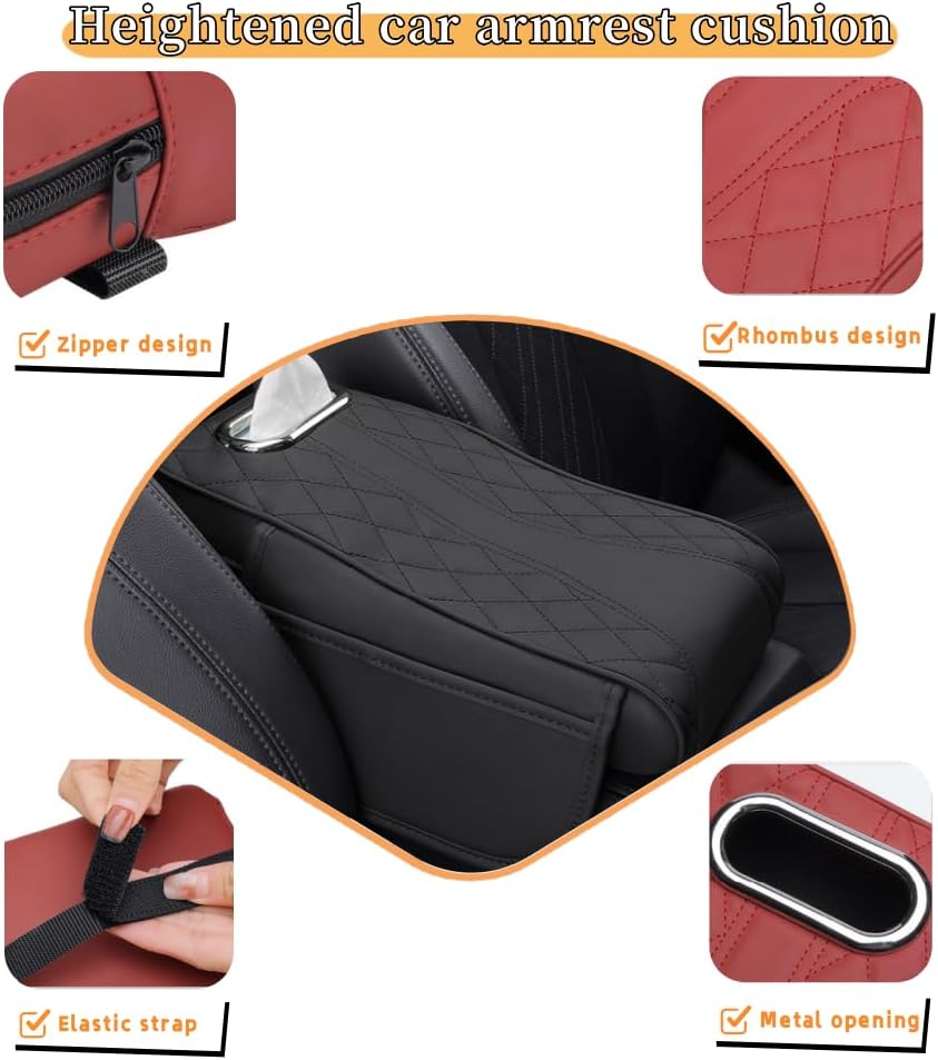 Car Armrest Cover Car Center Console Pad Leather Car Armrest Cover Diamond Pattern Memory Foam Soft and Breathable Tissue Storage Universal Armrest Pad Suitable for Most Cars Black image number 5