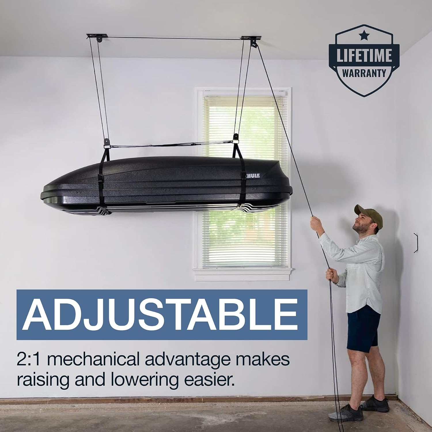Storeyourboard Cargo Box Ceiling Storage Hoist, Heavy Duty Holds 150 Lbs, Rooftop Carrier Garage Pulley System image number 5