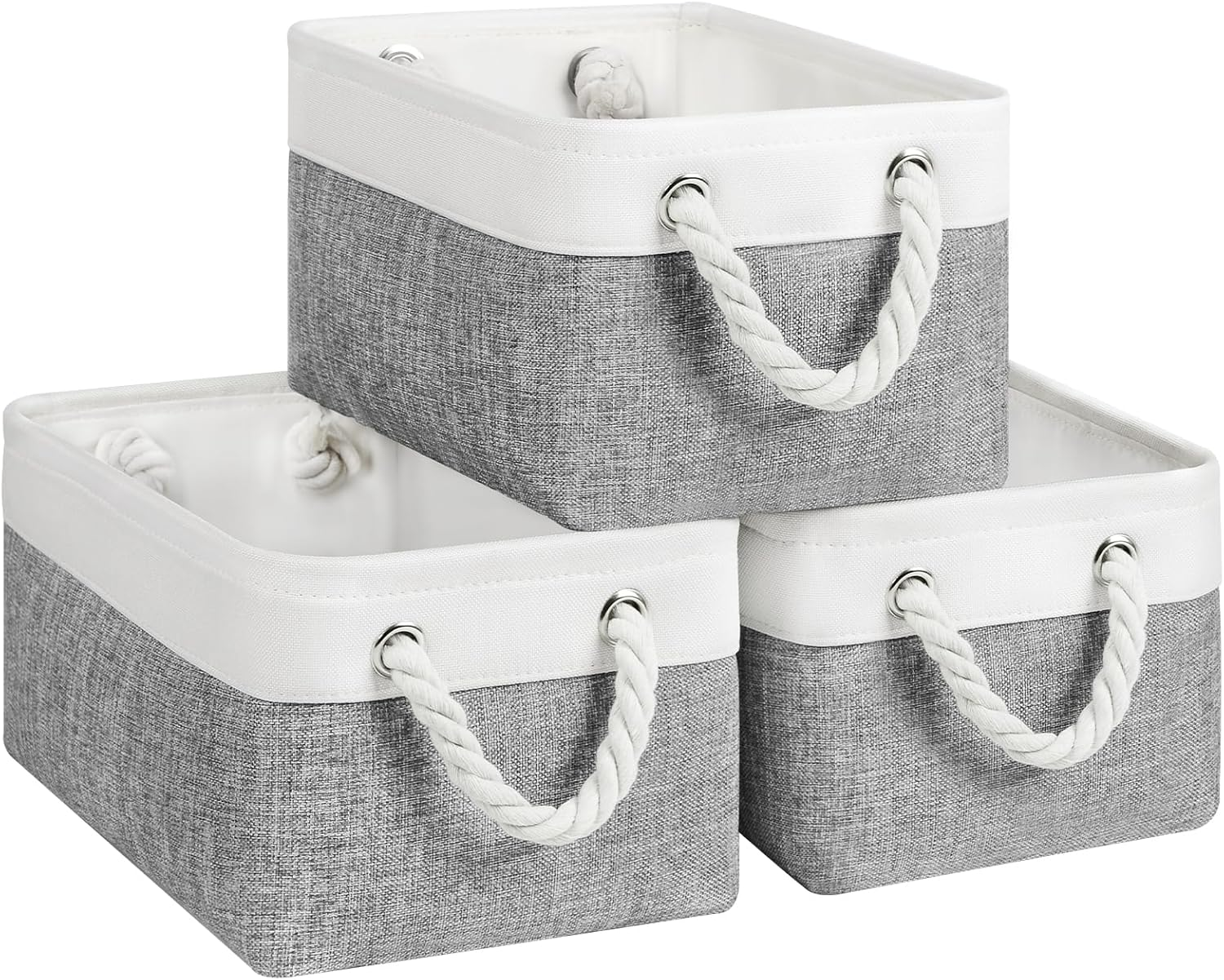 Patvingot Storage Baskets Canvas Storage Boxes with Handles, Fabric Storage Bins for Organizing Home and Clothes, Office (White/ Grey, Small-3 Pack) image number 3