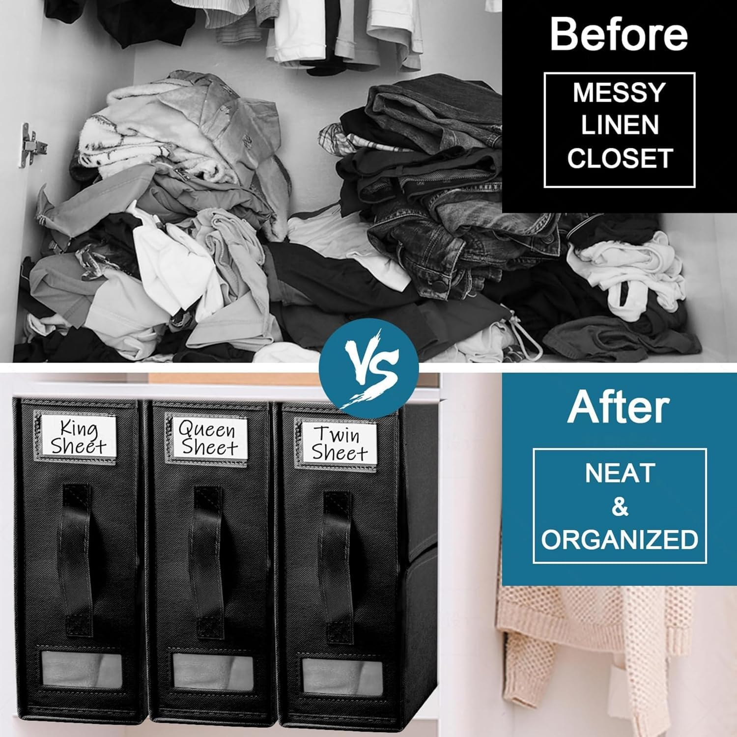 JCQMZB King Size Bed Sheet Organizer - Foldable Bedding Organizer with Reinforced Handle, Clear Window & Replaceable Labels, Thickened Oxford Cloth for Sheets, Covers,And Pillowcases (Black, 6Pcs） - Black image number 2