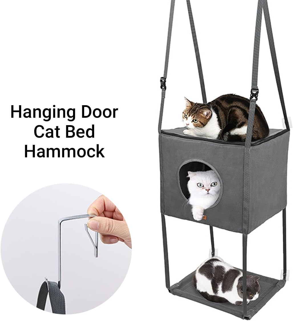 AIMALL Cat Hammock Bed Hanging Cat House Double Layer Door Mounted Cat Nest with Metal Hooks Adjustable Straps PVC Frame Foldable Space Saving Pet Hammock image number 5