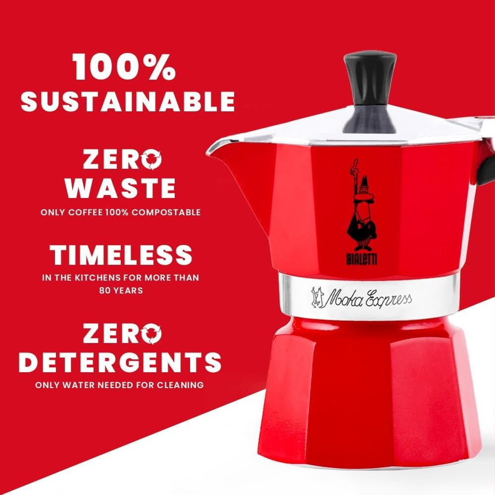 Bialetti - Moka Express: Red Iconic Stovetop Espresso Maker, Makes Real Italian Coffee, Moka Pot 6 Cup (270Ml), Aluminium, Red