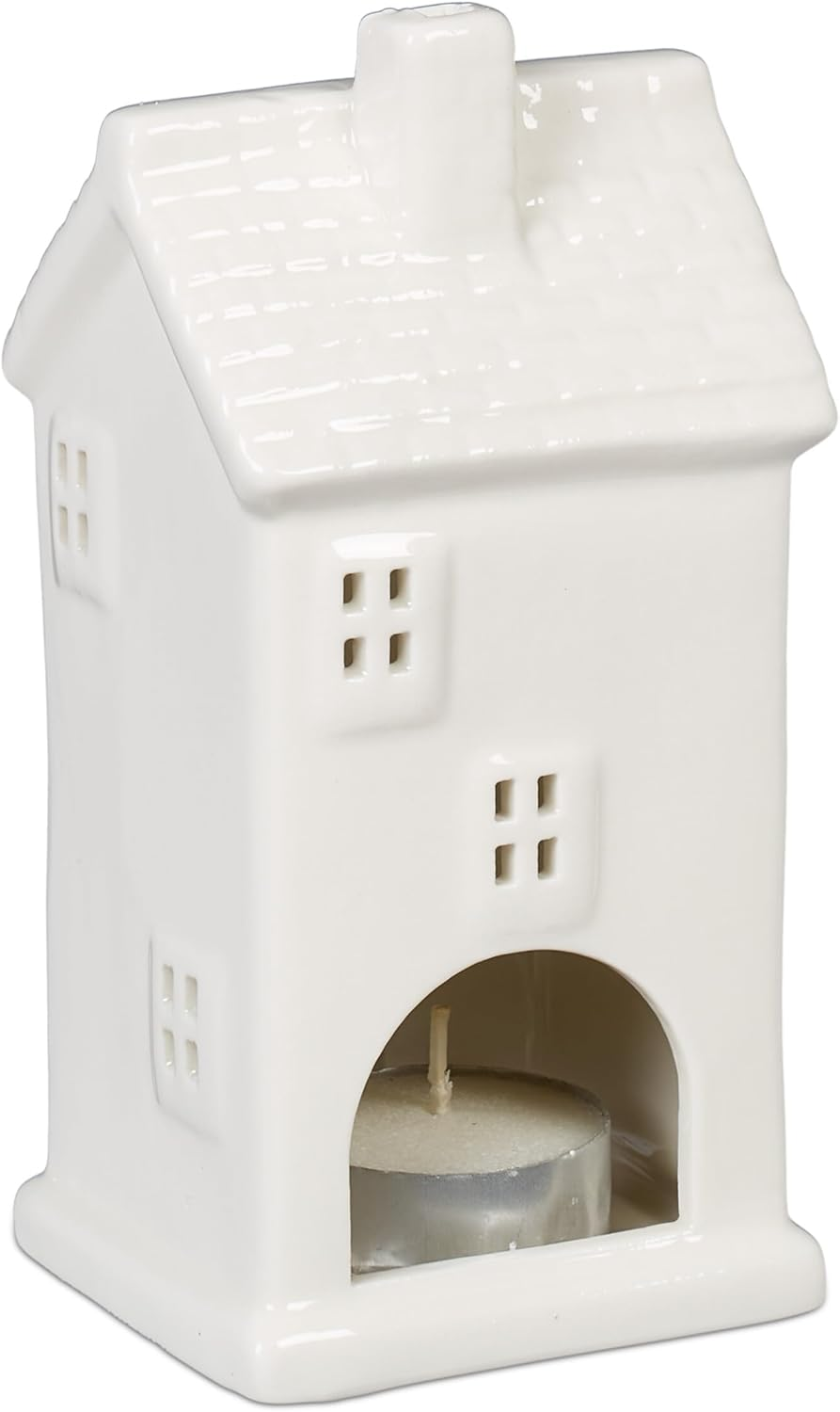 Relaxdays Ceramic Tea Light House, Light House for 1 Tea Light, H X W X D: 14.5 X 7 X 6 Cm, Tea Light Holder House, White image number 4