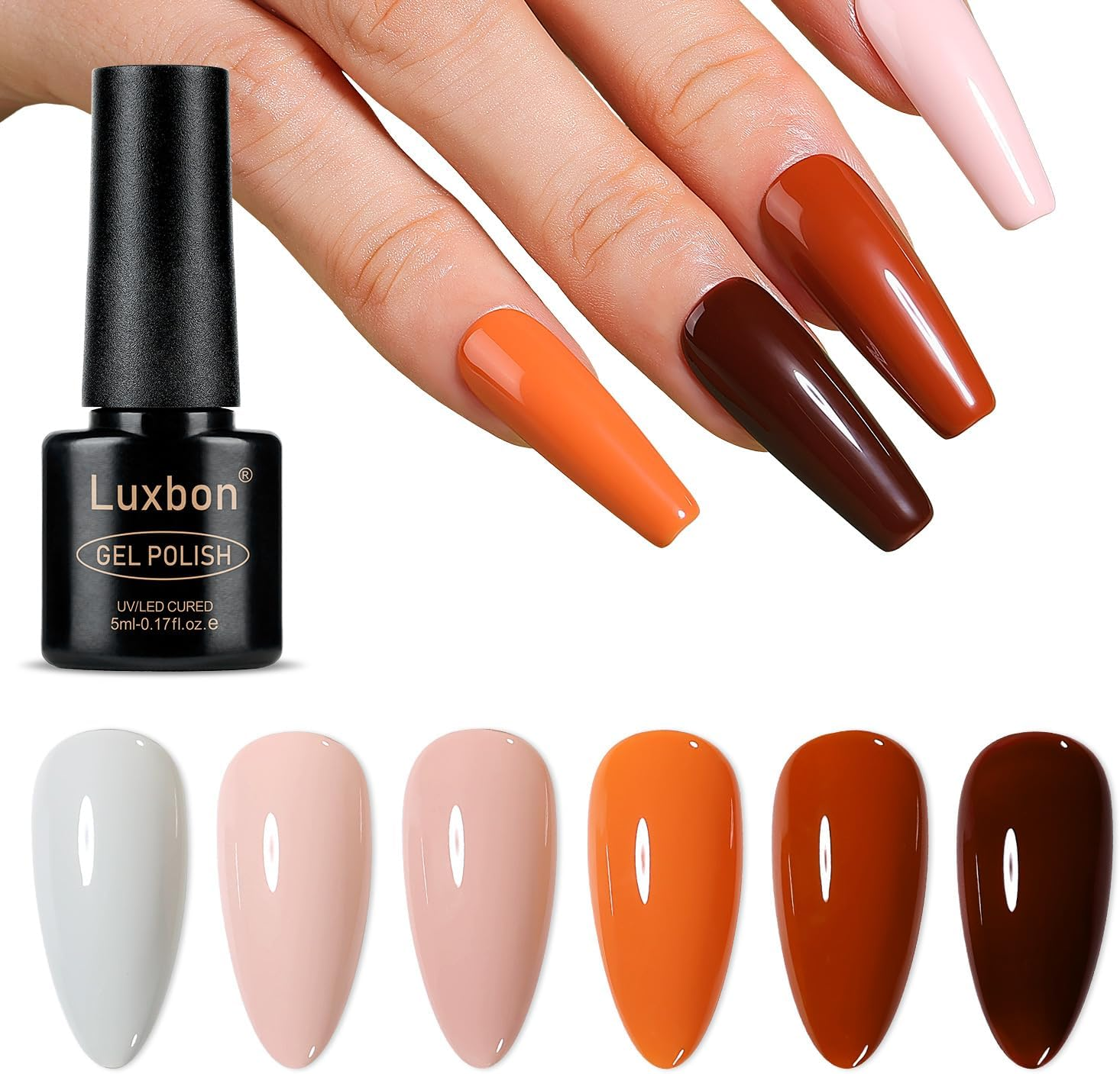 Luxbon 6 Pcs Jelly Gel Nail Polish Set - Fall Colour Set Long Lasting Autumn Gel Polish, Uv Led Soak off Nail Art Designs Manicure Kit 020