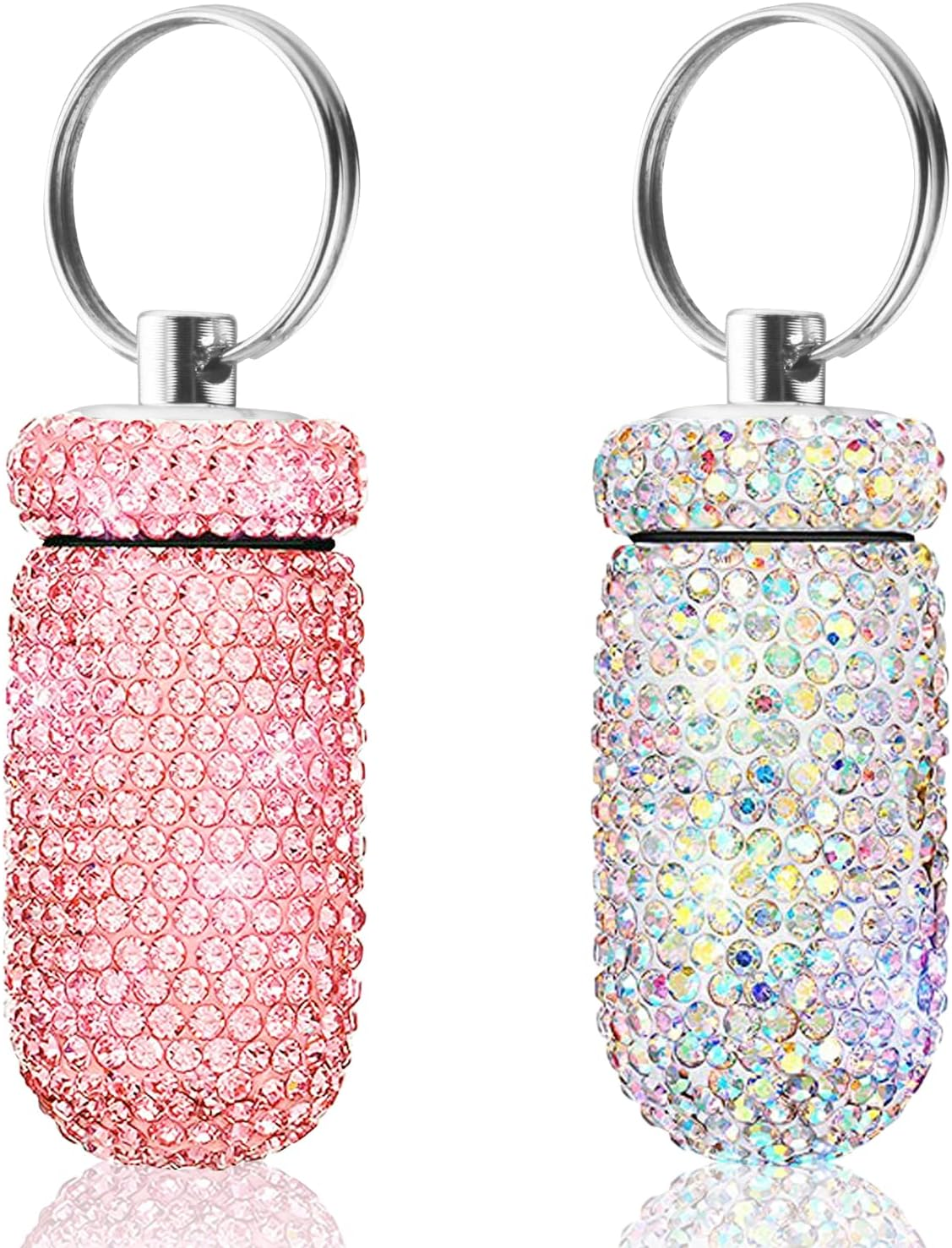 2 Pack Portable Pill Case Bling Rhinestone Pill Container Box Waterproof Medication Holder Organizer Bottle with Keychain for Outdoor Camping Travel Purse Pocket image number 1