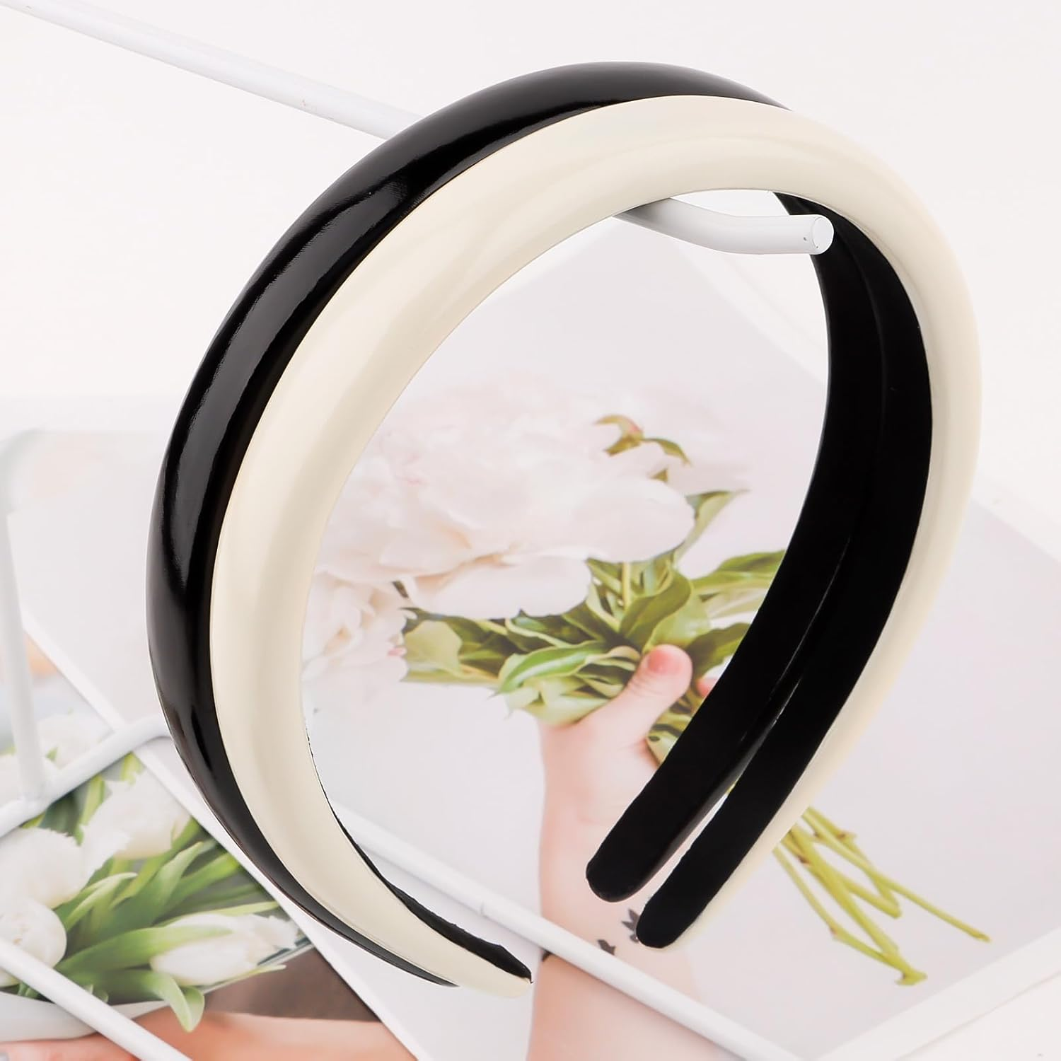 Exipsat Sponge Headbands, Black Headband, 2 Pieces, Satin Hair Bands, Wide Headbands, Padded Hair Band for Women (Black, Beige) image number 5