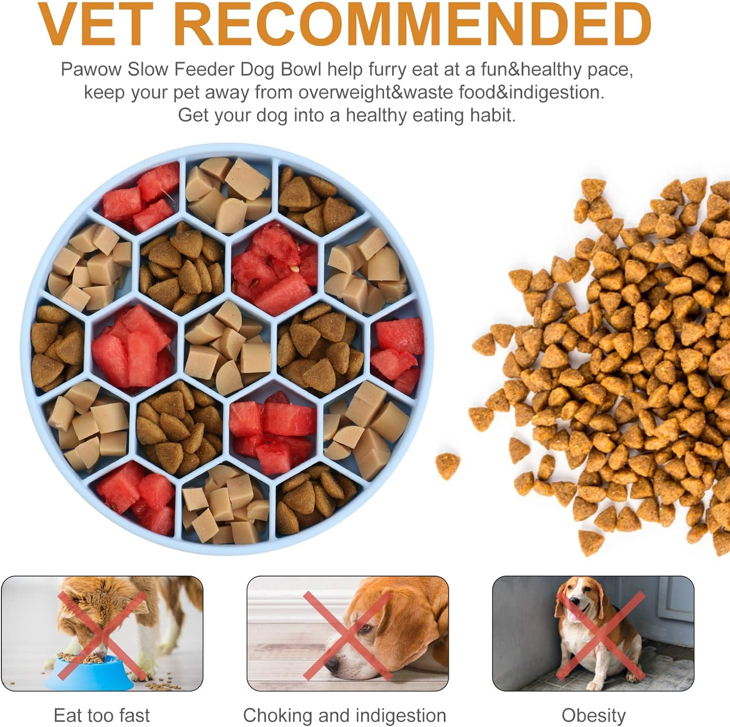 Pawow Slow Feeder Dog Bowls, Non-Slip Silicone Dog Bowl for Fast Eaters, Anti-Gulping Pets Eating Dish for Large, Medium, Small Breed Dogs (Blue)