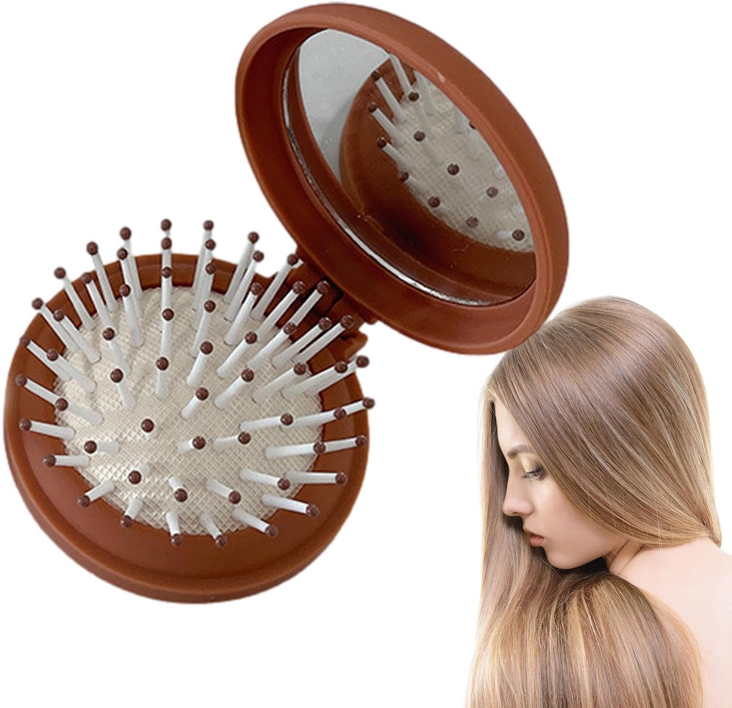 Pocket Hair Brush - Miini Travel Hair Brush, Handy Pocket Hair Brush | Compact Design Small Folding Hair Brush with Miirror, Pocket Hair Comb for Bag - White. image number 6