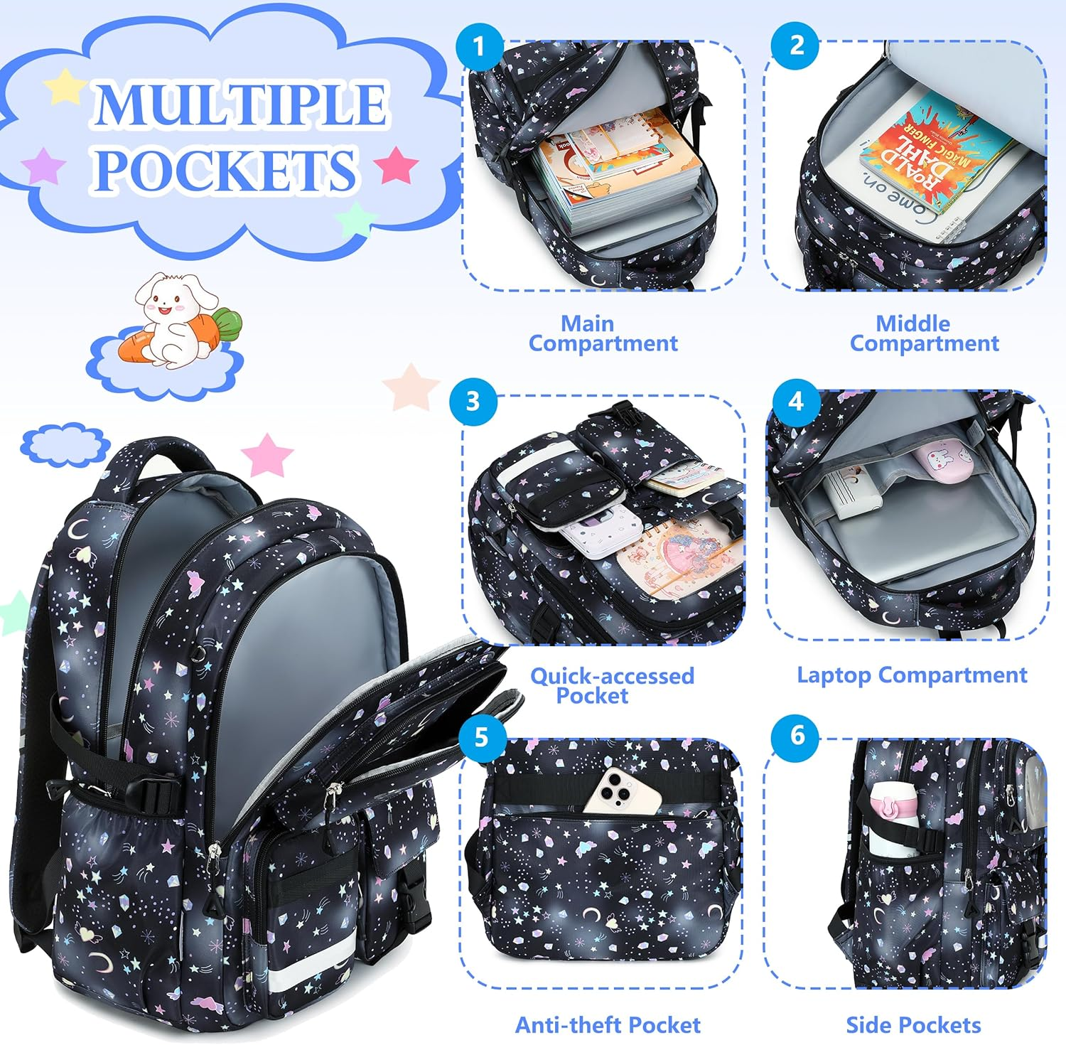 AO ALI VICTORY Backpack for Girls with Lunch Bag Kids School Bags for Elementary Middle School Students Cute Bookbag Set - Black Set image number 3