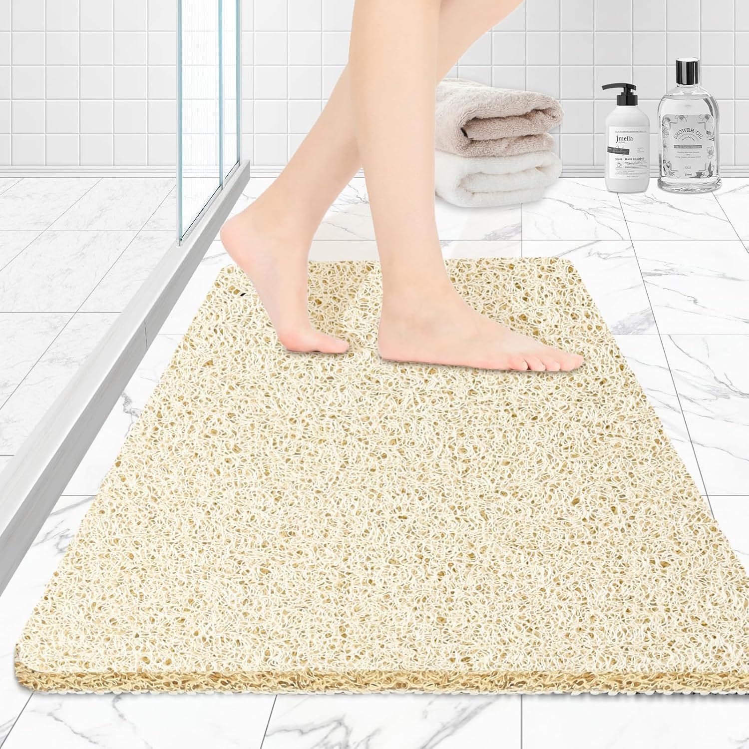Joyhalo Soft Textured Bath, Shower, Tub Mat, 24X16 Inch, Phthalate Free, Non Slip Comfort Bathtub Mats with Drain, PVC Loofah Bathroom Mats for Wet Areas, Quick Drying