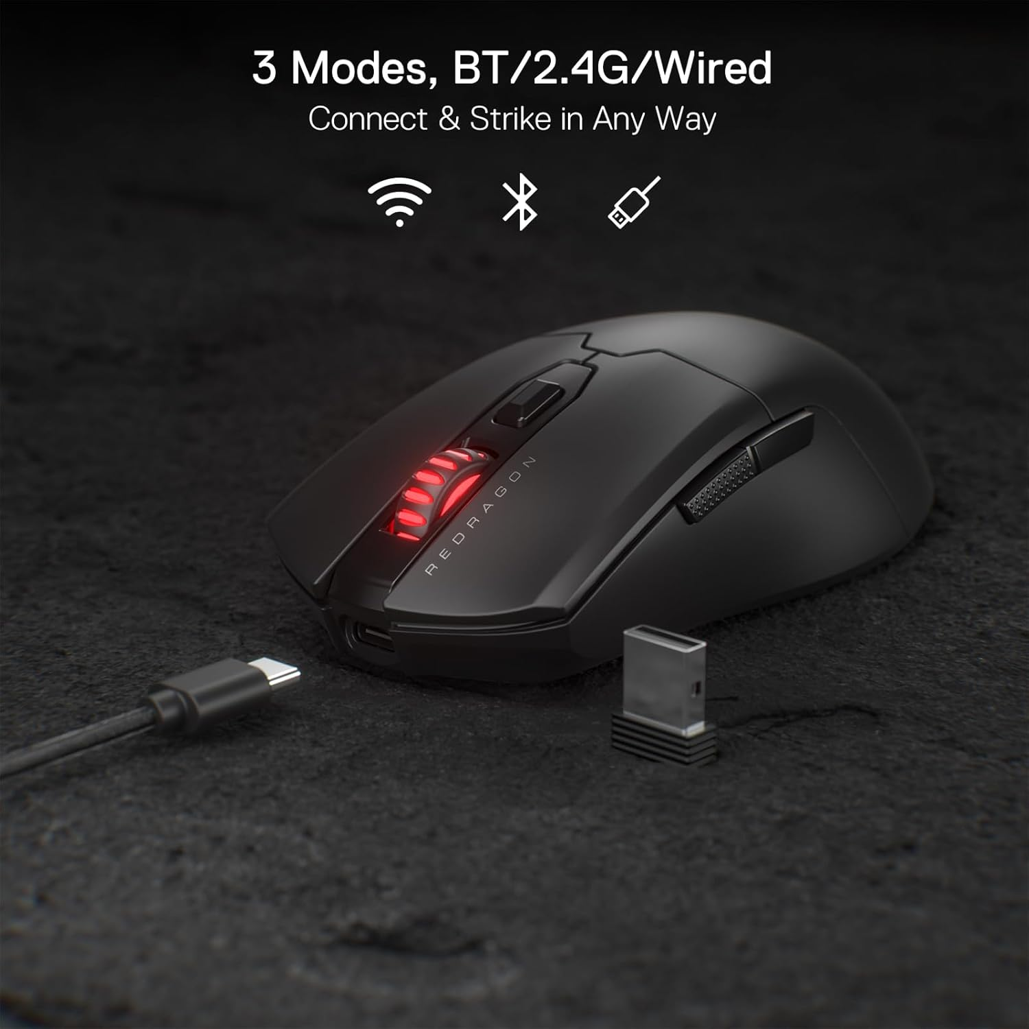 Redragon M995 Wireless Gaming Mouse, 26000 DPI Wired/Wireless Mouse with 3 Mode Connection, BT & 2.4G Wireless, 6 Macro Buttons, Durable Power Capacity for Pc/Mac/Laptop, Black image number 3