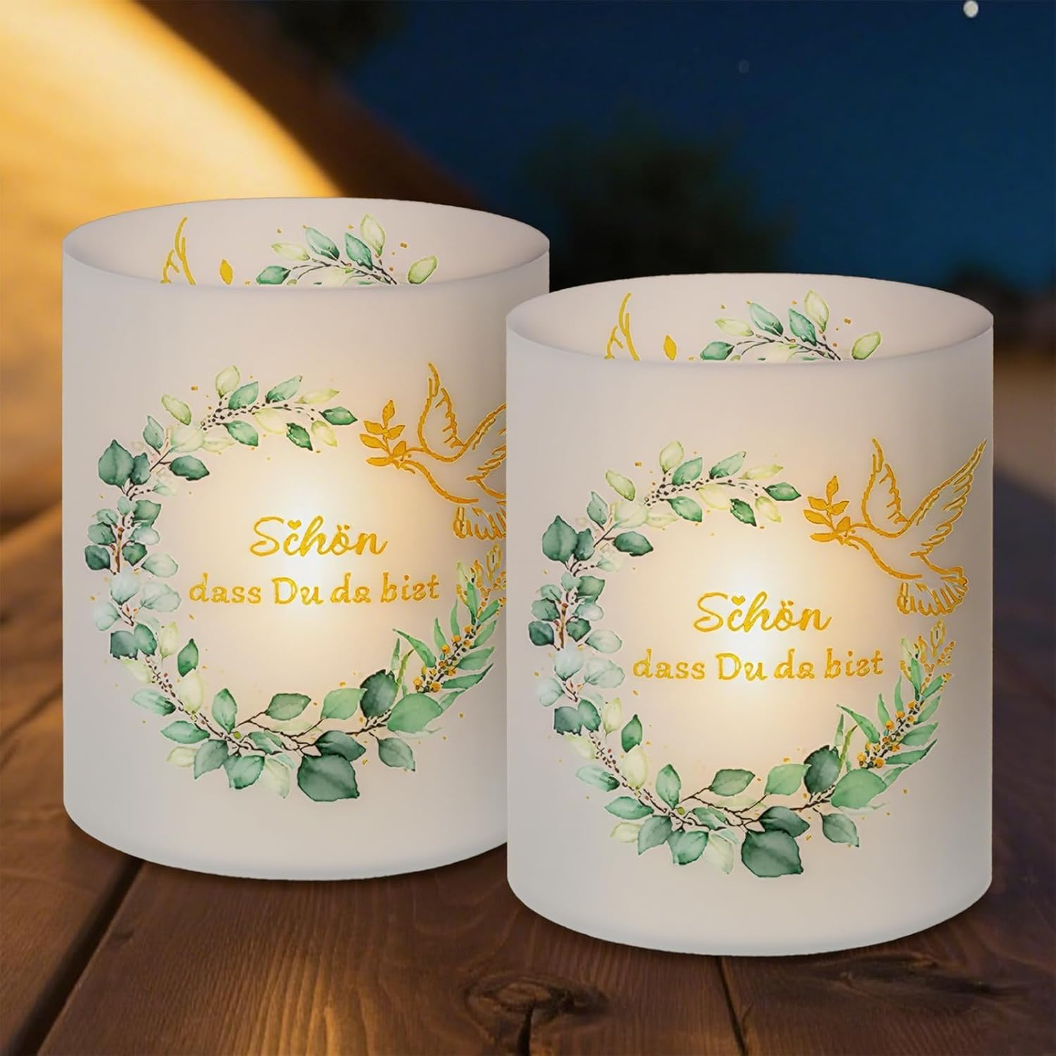 Pack of 12 Tea Lights Table Decoration, Sch&ouml;n DASS Du Da Bist Decorative Christening Lantern, Christening Eucalyptus Tea Light Glasses, Table Decoration Green for Birthday Confirmation Party Favours image number 5