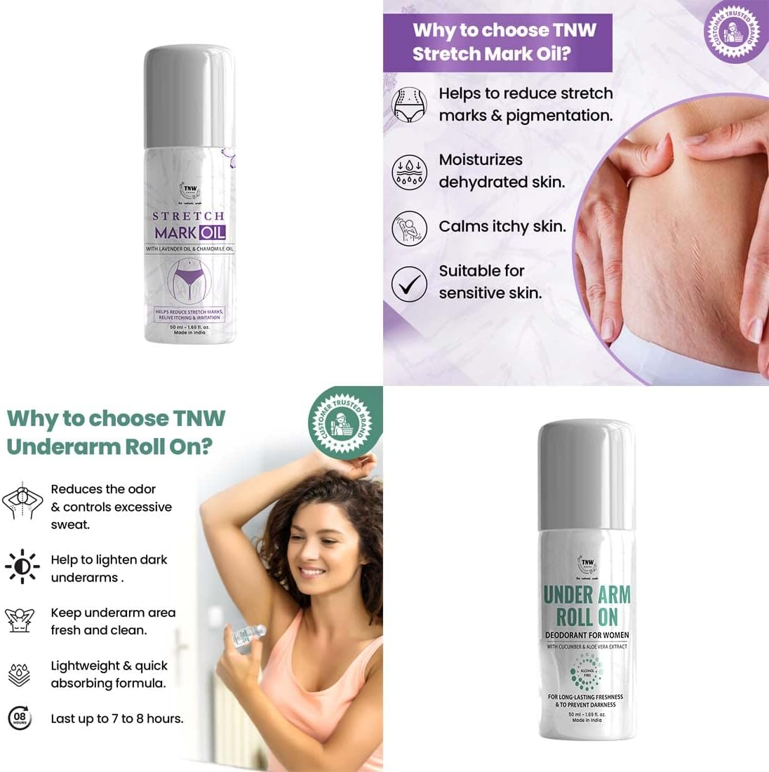 Tnw-The Natural Wash Body Care Combo with Stretch Mark Oil and under Arm Roll on | for Reducing Stretch Marks & Controlling Odor | Suitable for All Skin Types image number 3