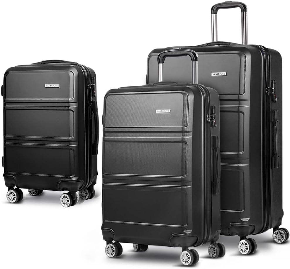 Wanderlite Luggage Set 3Pcs Black Suitcase Storage Organizer Hand Luggages Travel Hard Case Hardside, Lightweight Trolley Carry on Bag, TSA Lock 4 Universal Wheels image number 1