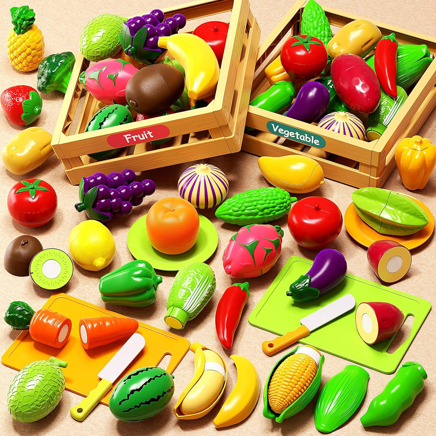 35PCS Pretend Play Food Cutting Set for Kids, Cuttable Fruits and Vegetables Toy with Knives, Cutting Boards and Baskets, Montessori Food Sorting Toys for Toddlers, Kids, Boys, Girls image number 2