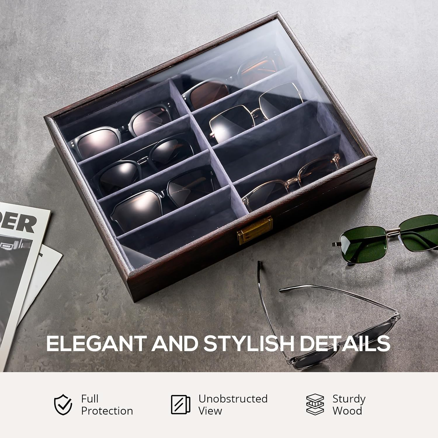 Procase 8 Slots Wooden Sunglasses Case Organizer Trays for Men Women, Glass Display Case Multiple Pairs Eyewear Eyeglass Holder Storage Box - Black image number 4