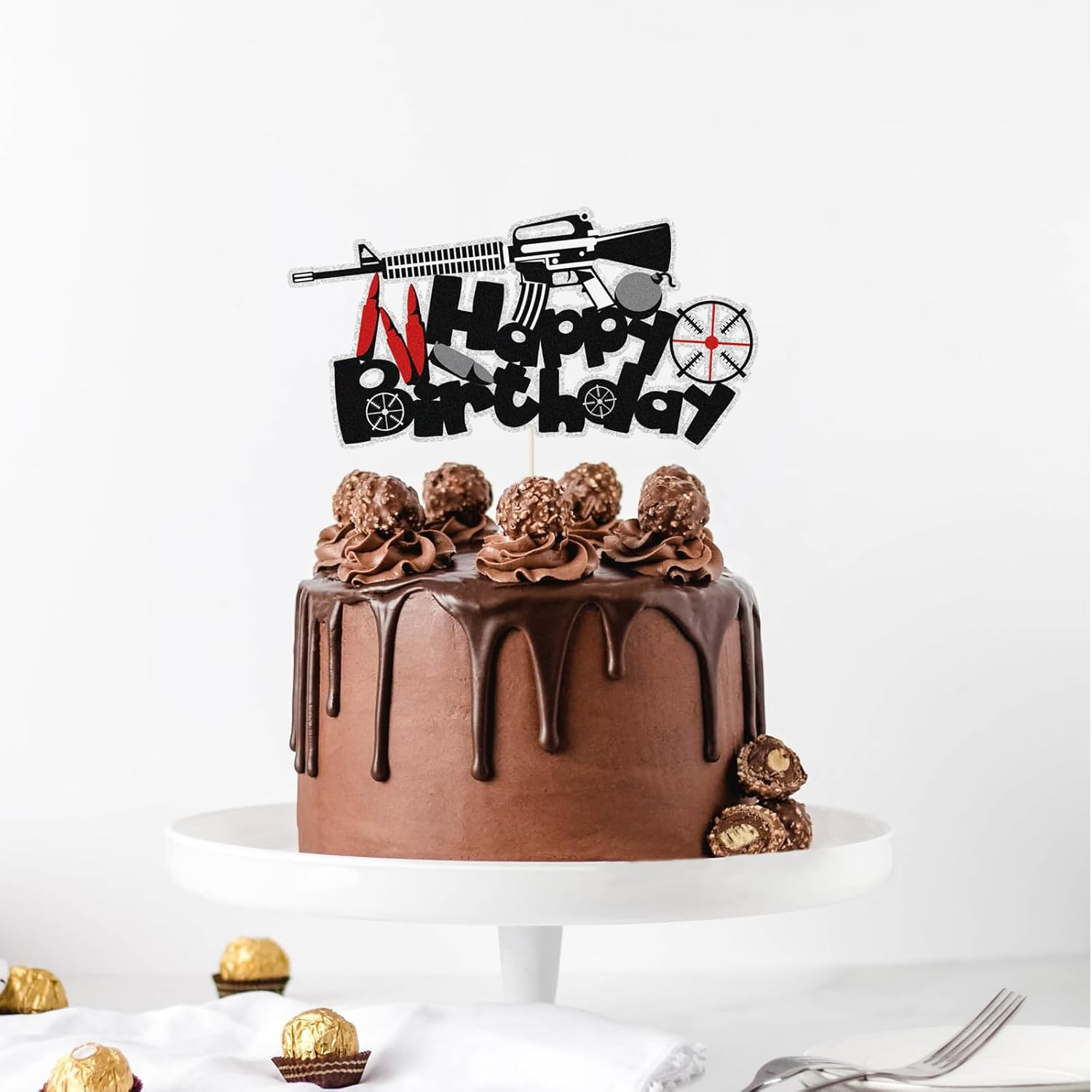 Glitter Gun Happy Birthday Cake Topper,Bullet Target Birthday Cake Decor Target Shooting Enthusiast Party Decoarions image number 3