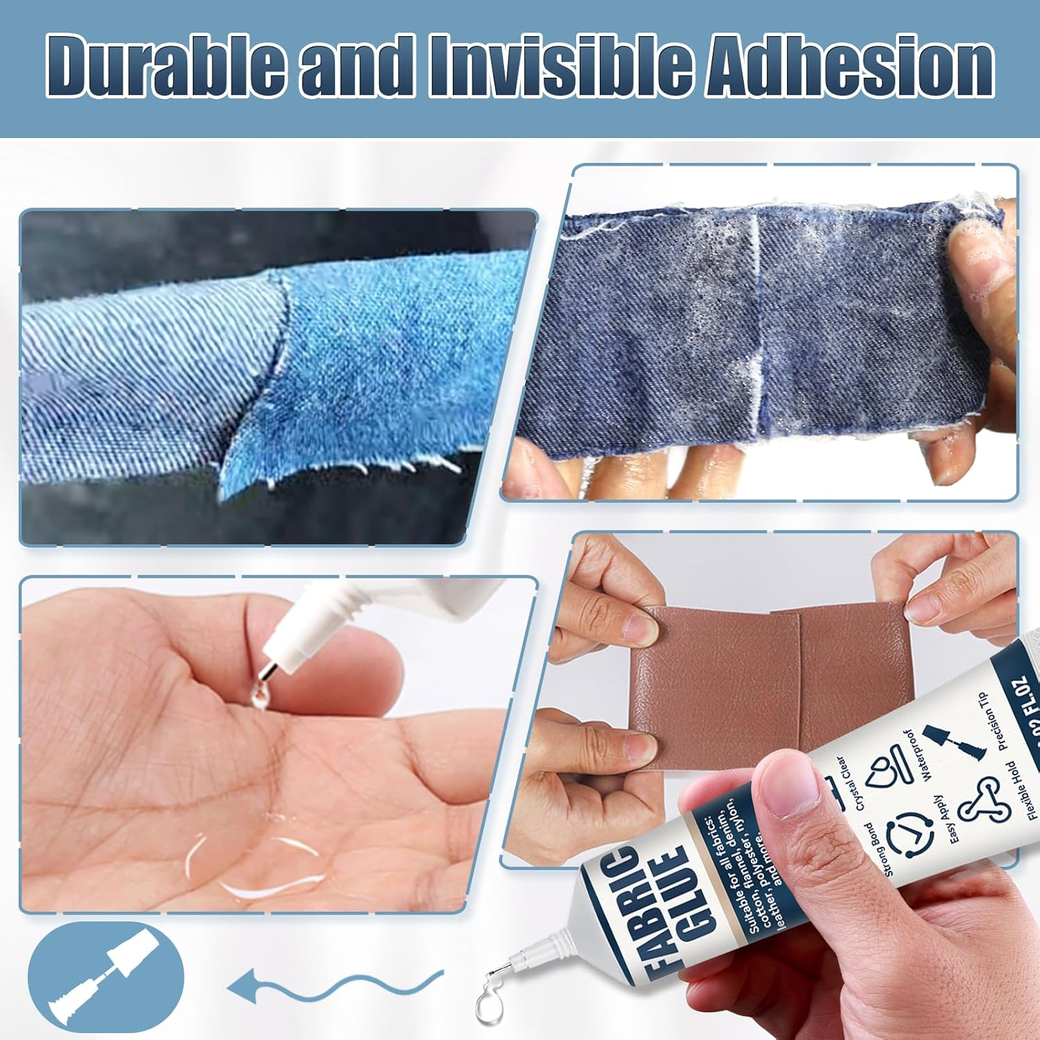 Fabric Glue, Permanent Clear Washable Adhesive for All Fabrics, Cotton, Leather, Denim, Polyester, Patches, Rhinestones, Doll Repair, Flannel, 60Ml (60, Milligrams) image number 5