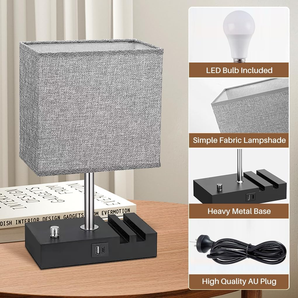 Clora Bedside Lamp with USB A+C Charging Ports, Dimmable Table Lamp with 2 Phone Stands and Fabric Shade 6W LED Bulb Included Nighstand Light for Living Room Bedroom Home Office Dorm Gift image number 3
