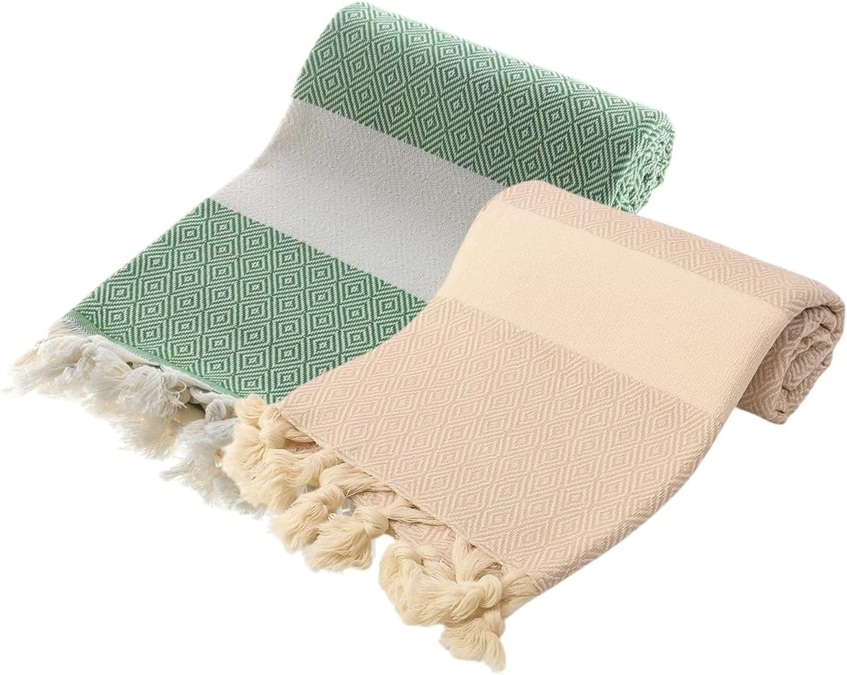 Turkish Peshtemal Towel Set of 2 &ndash; 100% Cotton, Fast Drying, Lightweight Hammam Towels &ndash; Beach, Spa, Bathroom, Travel &ndash; Soft and Absorbent Towel Varieties (Beige & Nefti Green)