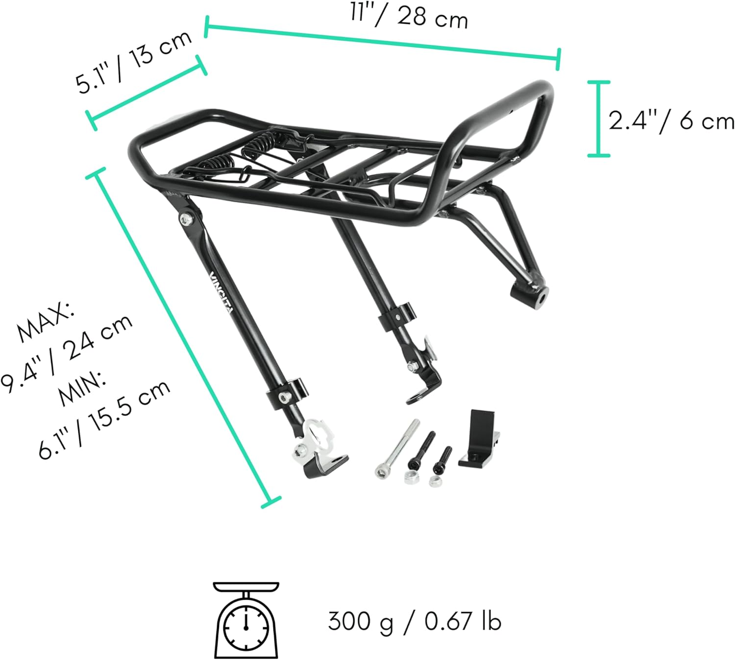 Vincita Front Rack for Bicycle - Cargo Rack for 16"-28" Wheels - Spring Clamp & Bungee Hook Anchor - 22 Lb Load Capacity - Ideal for Road, City, Hybrid Bikes & Ebikes.