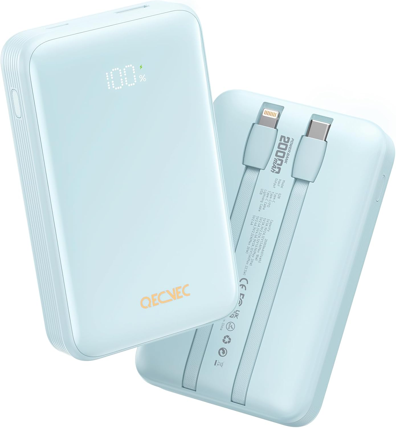 Qecvec Power Bank,Portable Charger 20000Mah with 2 Built-In Cables, 22.5W Fast Charging Battery Pack, LED Display Backup Battery, Travel Battery Pack for Ipad, Iphone Samsung and More (Purple)