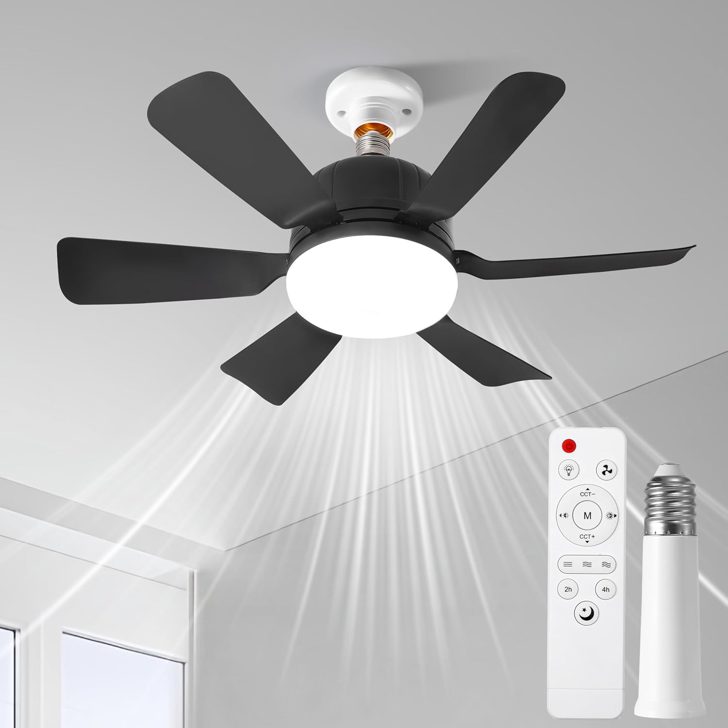 Socket Ceiling Fan Light with Remote, E27 Based Easy Install with Socket Extender, Replacement for Indoor -Bedroom, Kitchen and Living Room, 3 Color Stepless Dimming, Black image number 3